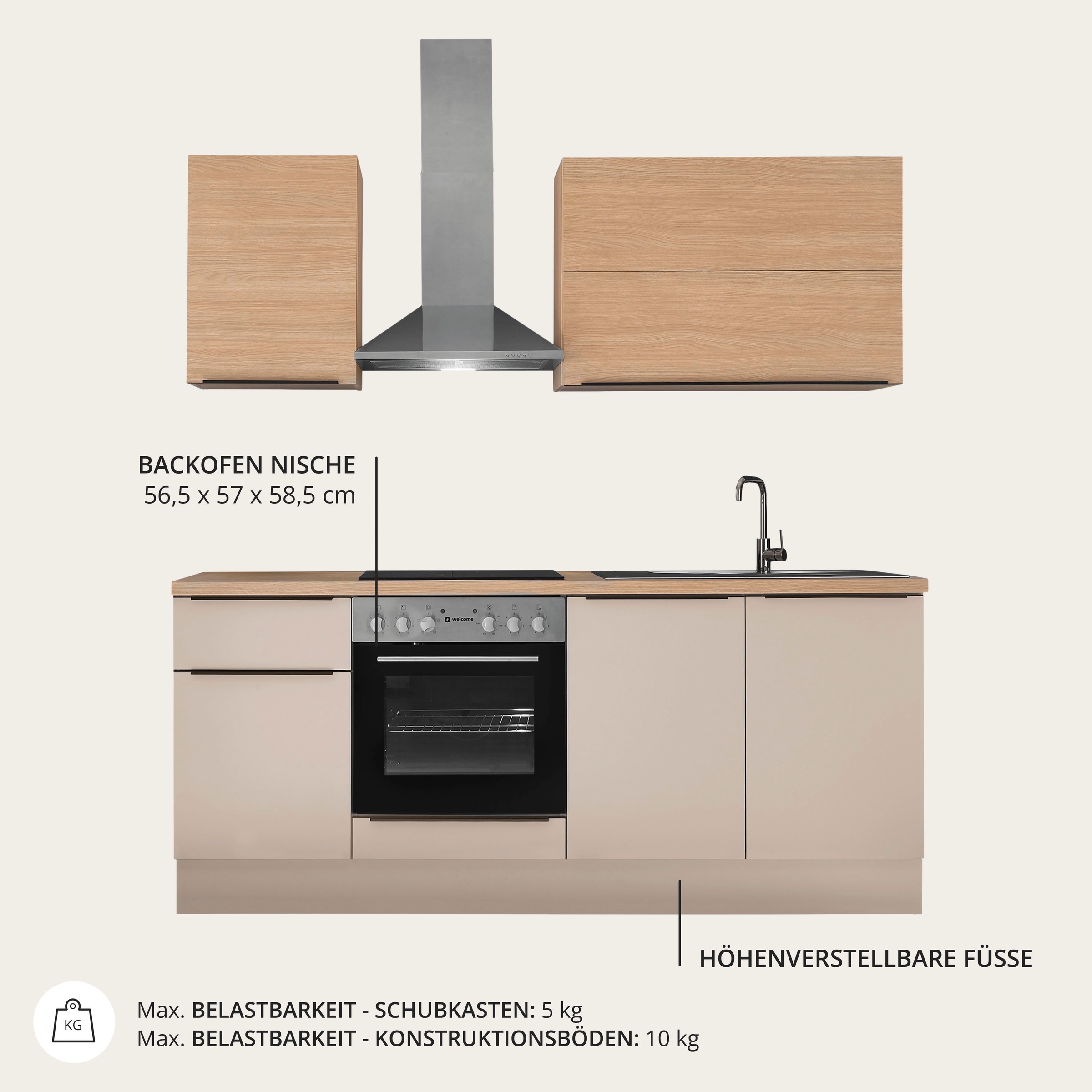 KOCHSTATION Küchenzeile »Cocco B/H/T 210x211x60 cm« Breite 210 cm, wahlweise mit E-Geräten und Induktion
