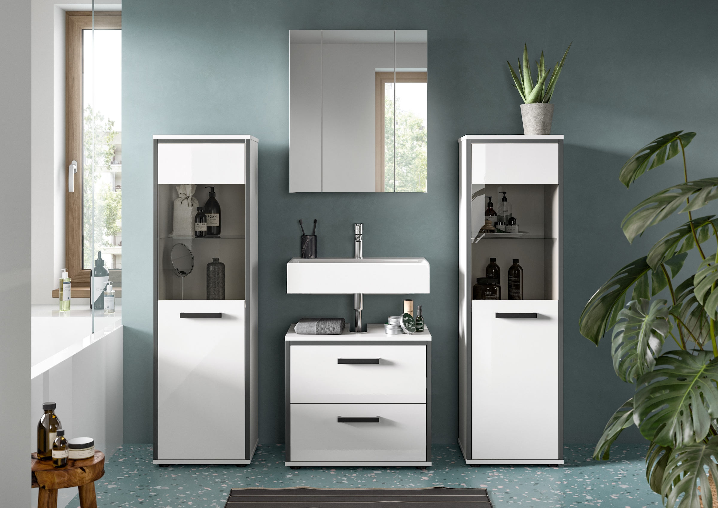 welltime Badmöbel-Set »KAJO, 4-tlg. Badkombination, weiß hochglanz« Set, Set, best. aus:2 Midischränken, 1 WBU, 1 Spiegelschrank, 4 Stk. tlg.