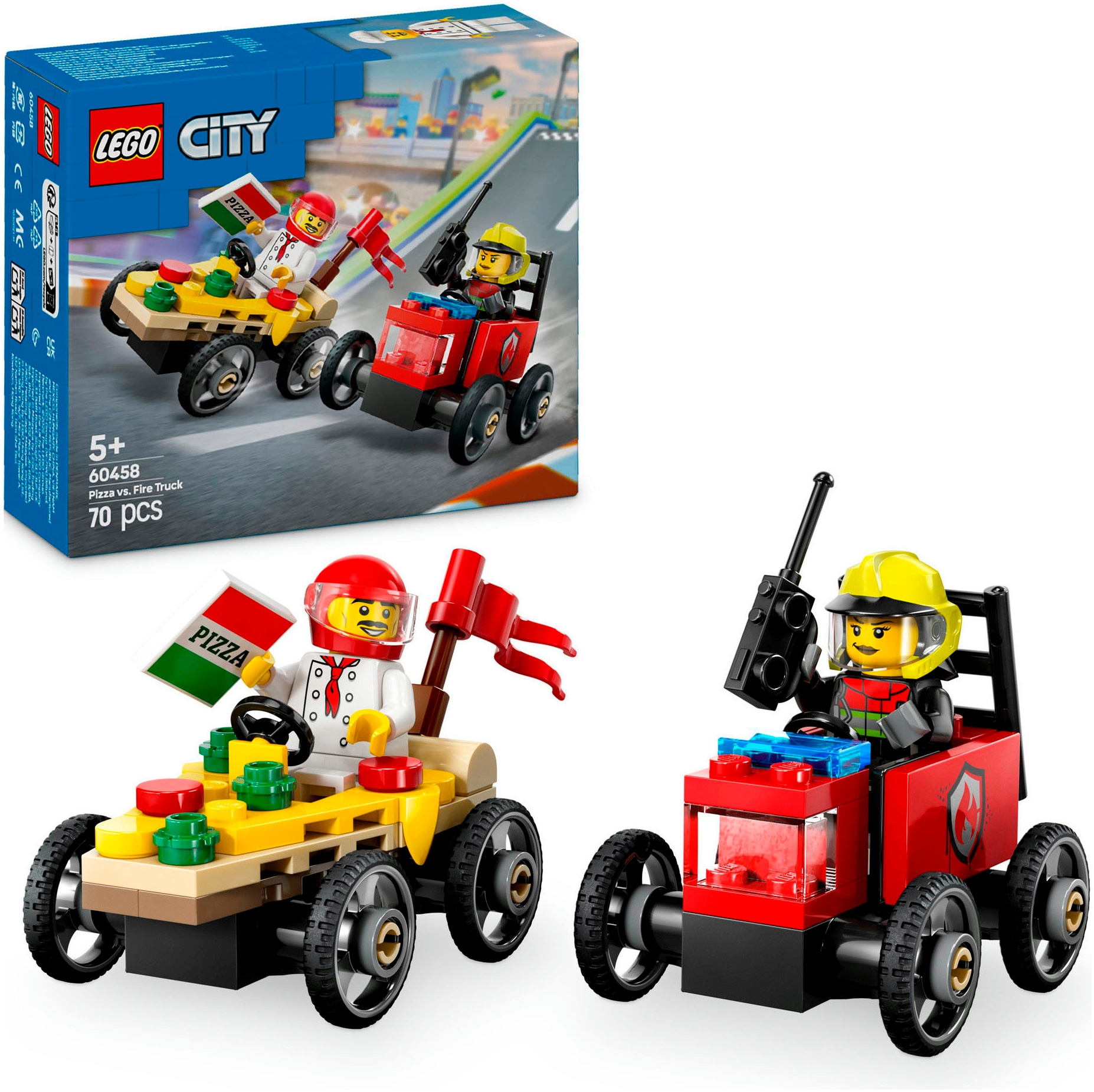 LEGO® Konstruktionsspielsteine »Pizzalieferwagen vs. Löschauto (60458), LEGO City«, (70...