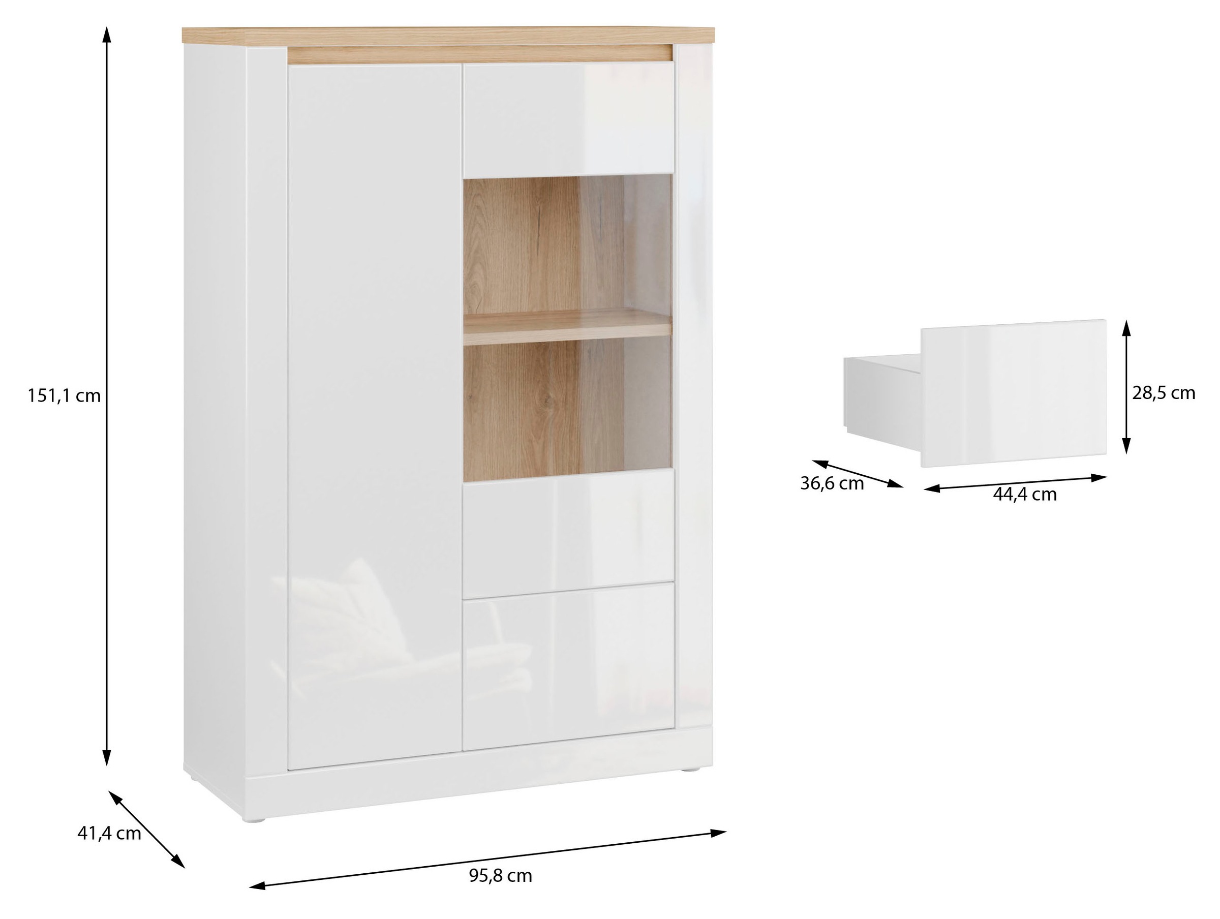 FORTE Highboard »Highboard 1T/1SK/1GT« B/H/T 96,4/147,4/41,6 cm, Front glänzend, Glas