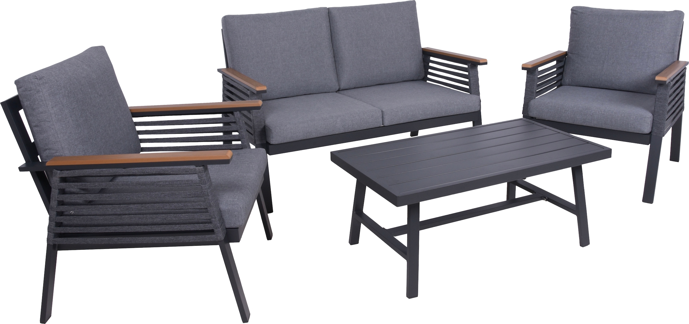 Garden Pleasure Gartenlounge-Set », Lounge-Gruppe »DENIA«« 2 Sessel, 1 Sofa, Tisch LxB: 55,5x100 cm, inkl grauen Kissen