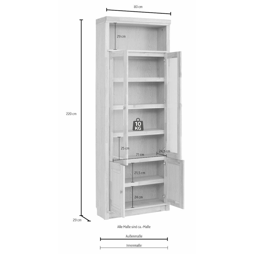 Home affaire Bücherregal »Soeren«, massiver Kiefer, in 2 Höhen, Tiefe 29 cm, Türen mit Klarglas Einsatz