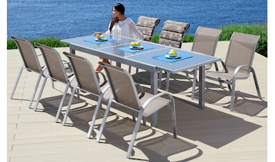 Garten-Essgruppe »Amalfi«, (9 tlg., 8x Stapelsessel, 1x Tisch 100x180-240 cm, Alu/Textil)