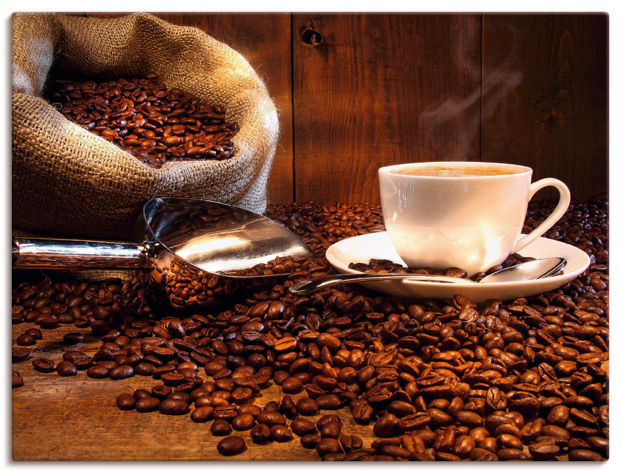 Artland Wandbild »Kaffeetasse und Leinensack auf Tisch«, Getränke, (1 St.), in vielen Größen & Produktarten -Leinwandbild, Poster, Wandaufkleber / Wandtattoo auch für Badezimmer geeignet