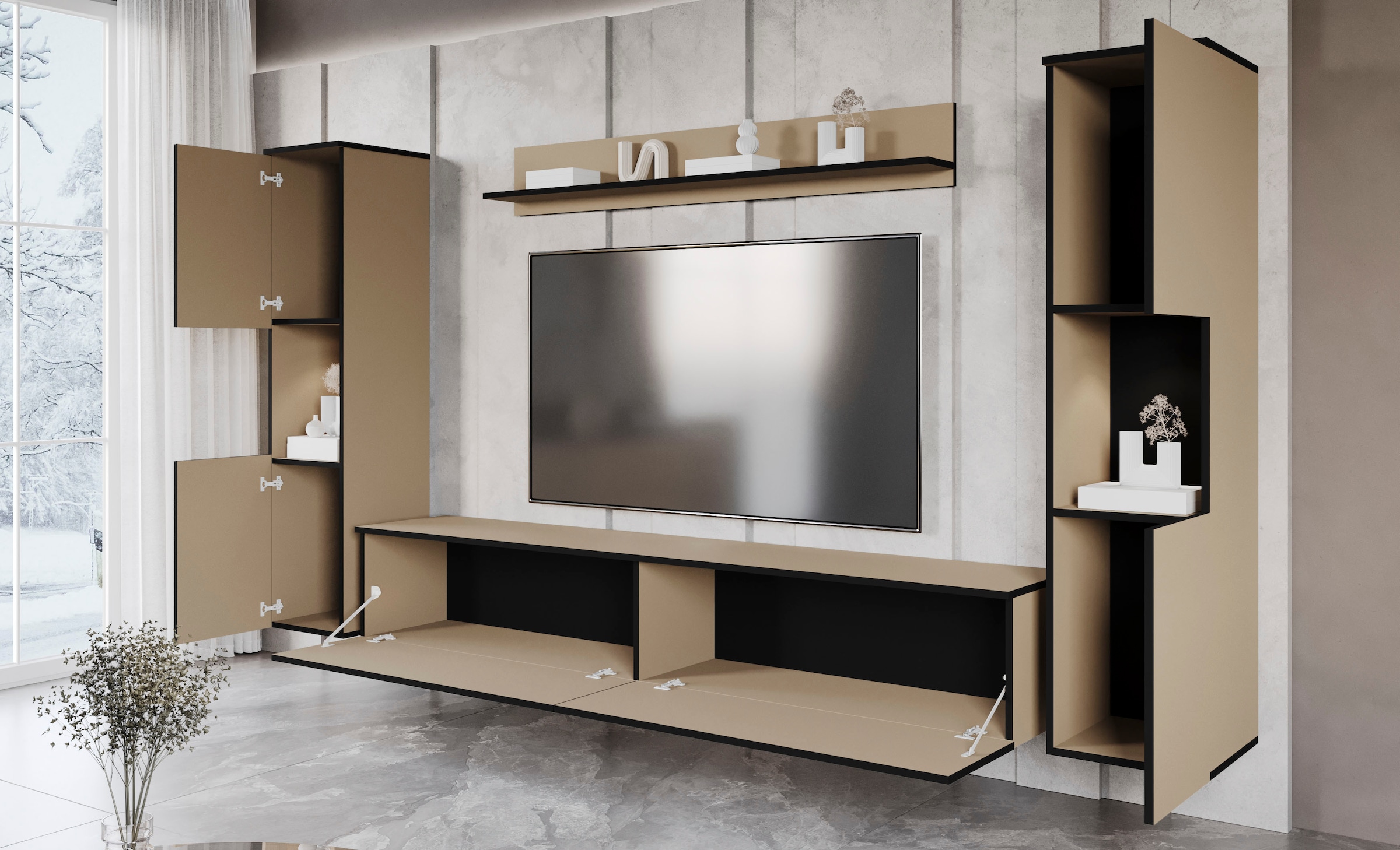 INOSIGN Wohnwand »PARIS«, (Komplett-Set, 4 St.), TV-Wand 260cm breite, grifflose Design, stehend und hängend montierbar