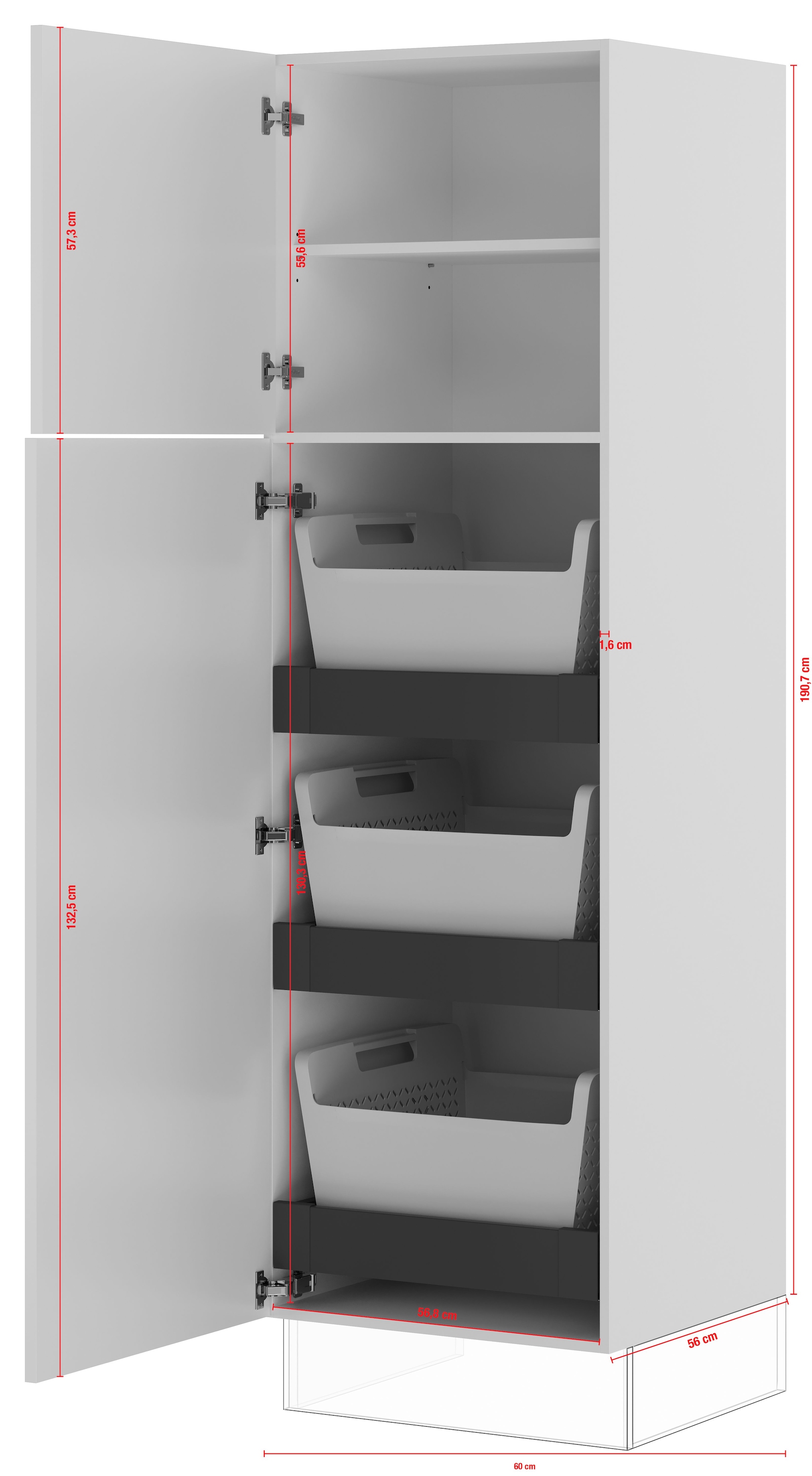IMPULS KÜCHEN Wäscheschrank »"Prag", Breite/Höhe: 60/190,7 cm, mit Wäschekörben, mit Drehtüren«, vormontiert, mit Innenschubkästen, mit verstellbarem Fachboden