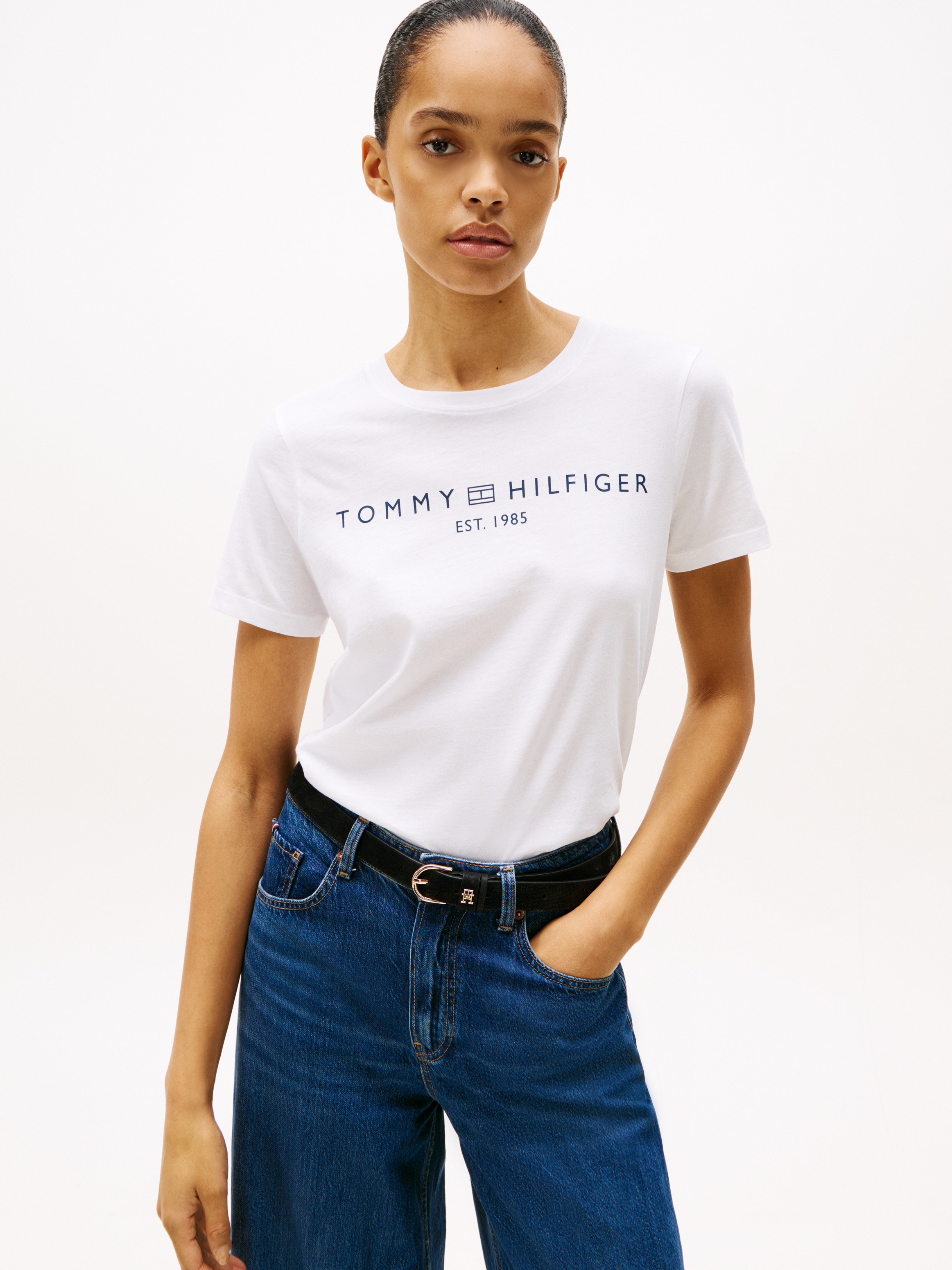Tommy Hilfiger T-Shirt »REG CORP LOGO C-NK mit Logoschriftzug und Stickerei«, meliert, casual, regular fit, Baumwolle, Rundhals
