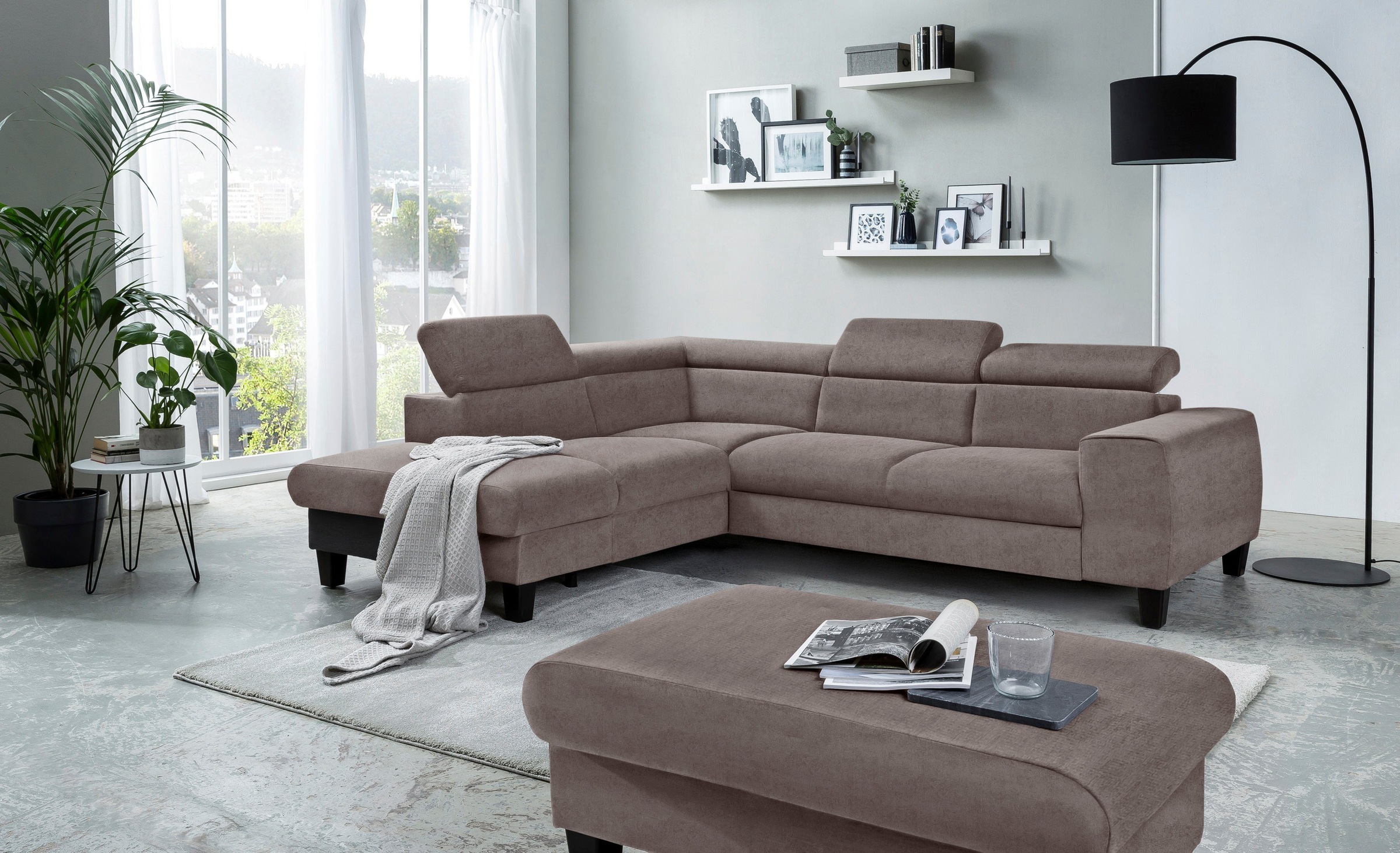COTTA Polstergarnitur »Morven L-Form«, (Set), Set bestehend aus: Ecksofa mit Kopfteilverstellung & Hocker