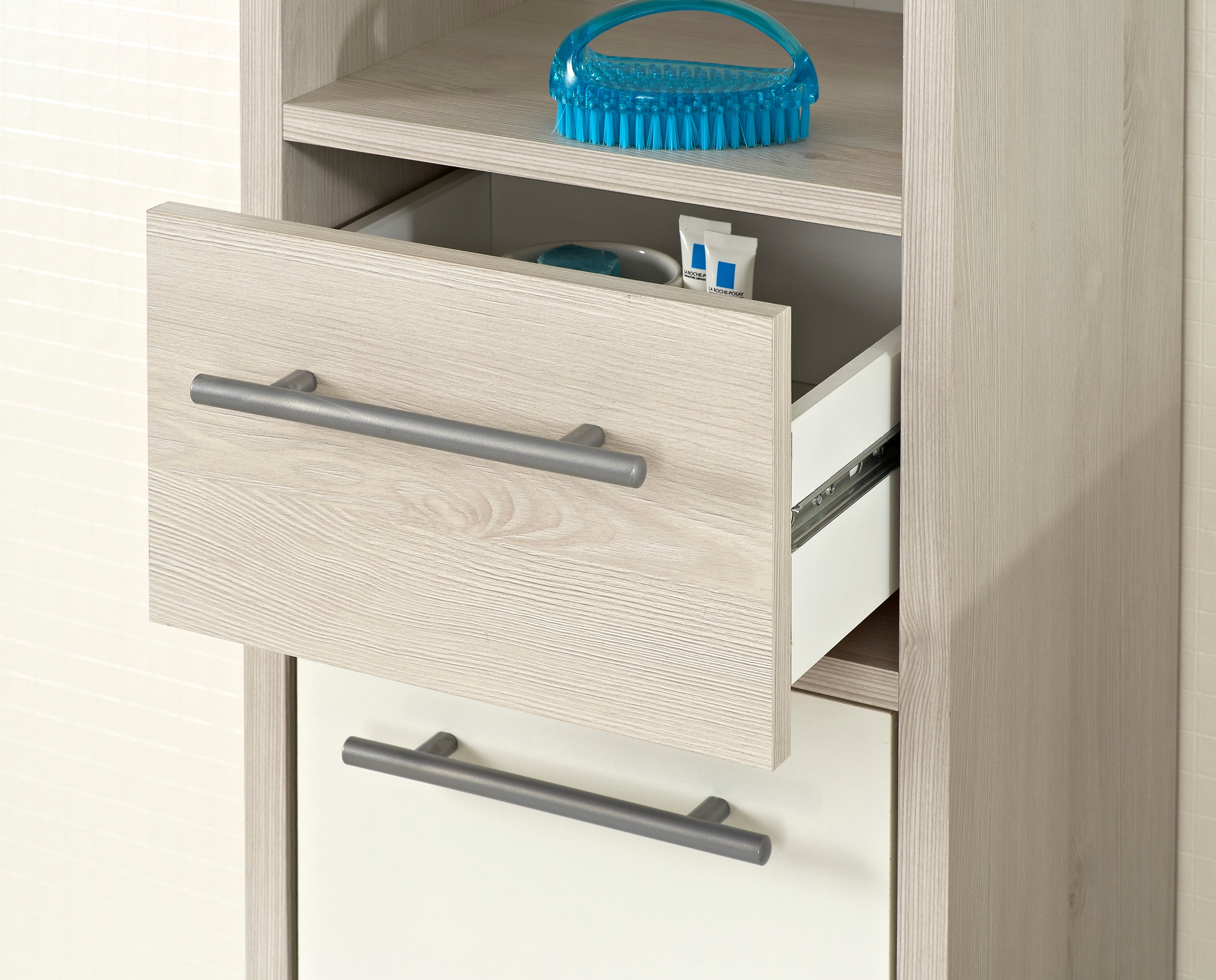 Saphir Hochschrank »Quickset 350 Badschrank 33 cm breit, 2 Türen, 1 Schublade, 1 Nische«, (1 St.), Badezimmer-Hochschrank, Pinie Ida hell, Griffe alufarbig