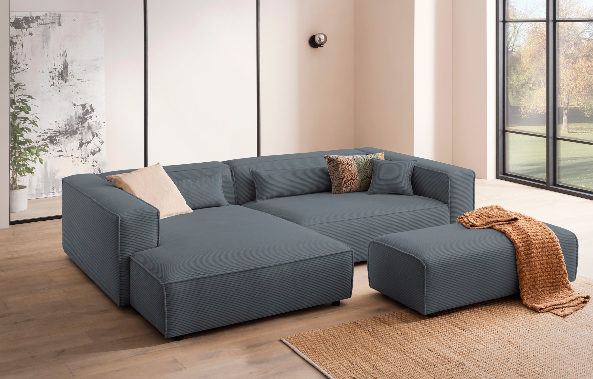 LeGer Home by Lena Gercke Polsterecke »PIARA XXL, L-Form mit Schlaffunktion, Big-Sofa in Cord o. Leinenoptik«, Hocker stellbar zum Schlafsofa (Krokodilverbinder), tiefe Sitzfläche