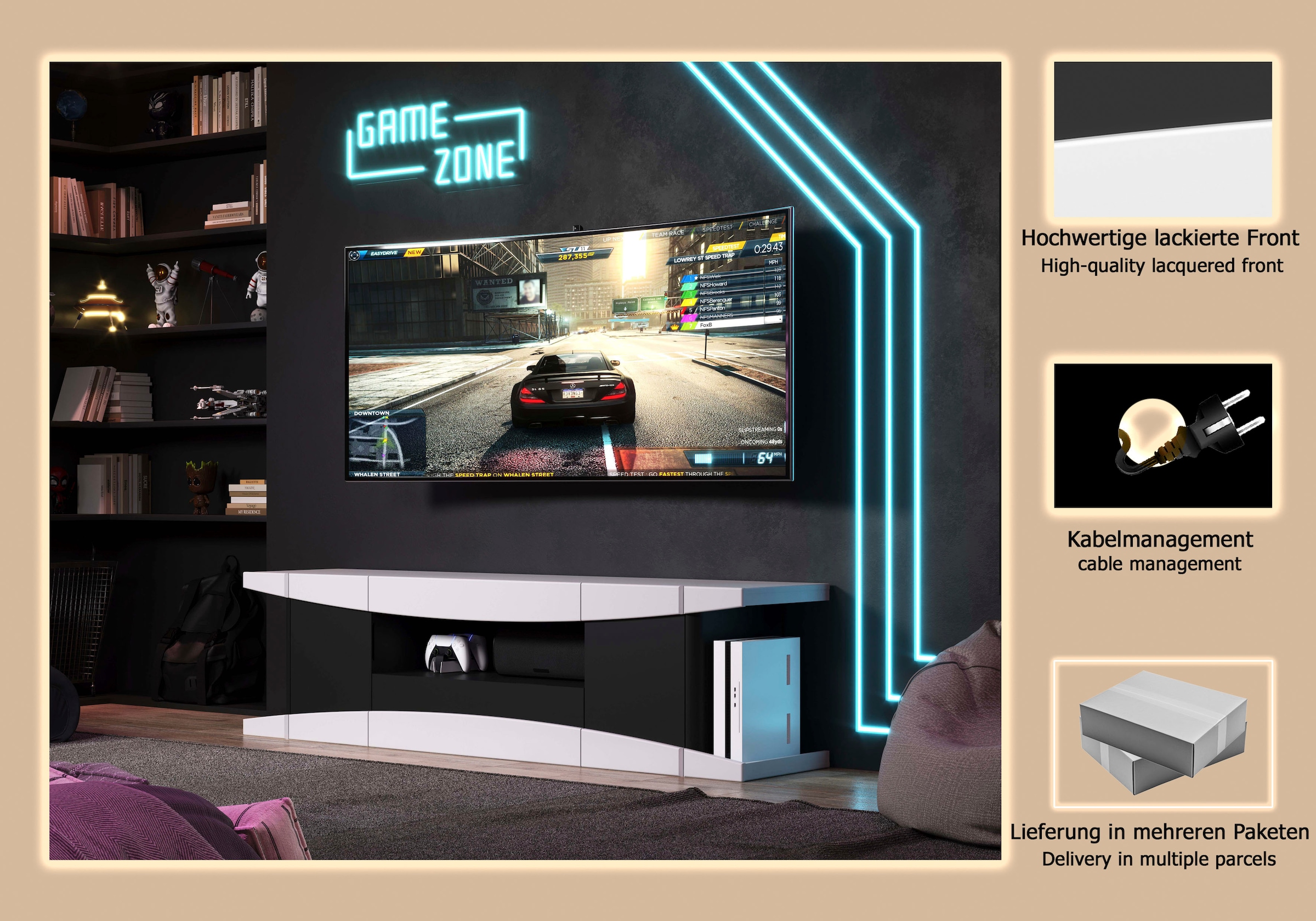 Home affaire Lowboard »NextLevel speziell geeignet für Spielekonsolen« Gaming-Lowboard wahlweise mit Beleuchtung - (B/T/H) 180/42/52 cm