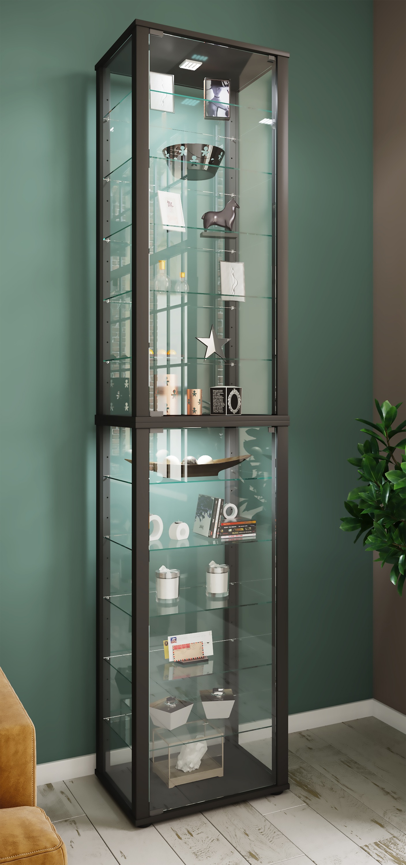VCM Vitrine »VCM Glasvitrine stehend | Vitrine Glas mit ESG-Sicherheitsglas | Maße ca. H. 227 x B. 50 x T. 38 cm | Standvitrine Glas | Modern und platzsparend | Glas Vitrinenschrank ¿ Kavisa XXL« 1 Stk. tlg.
