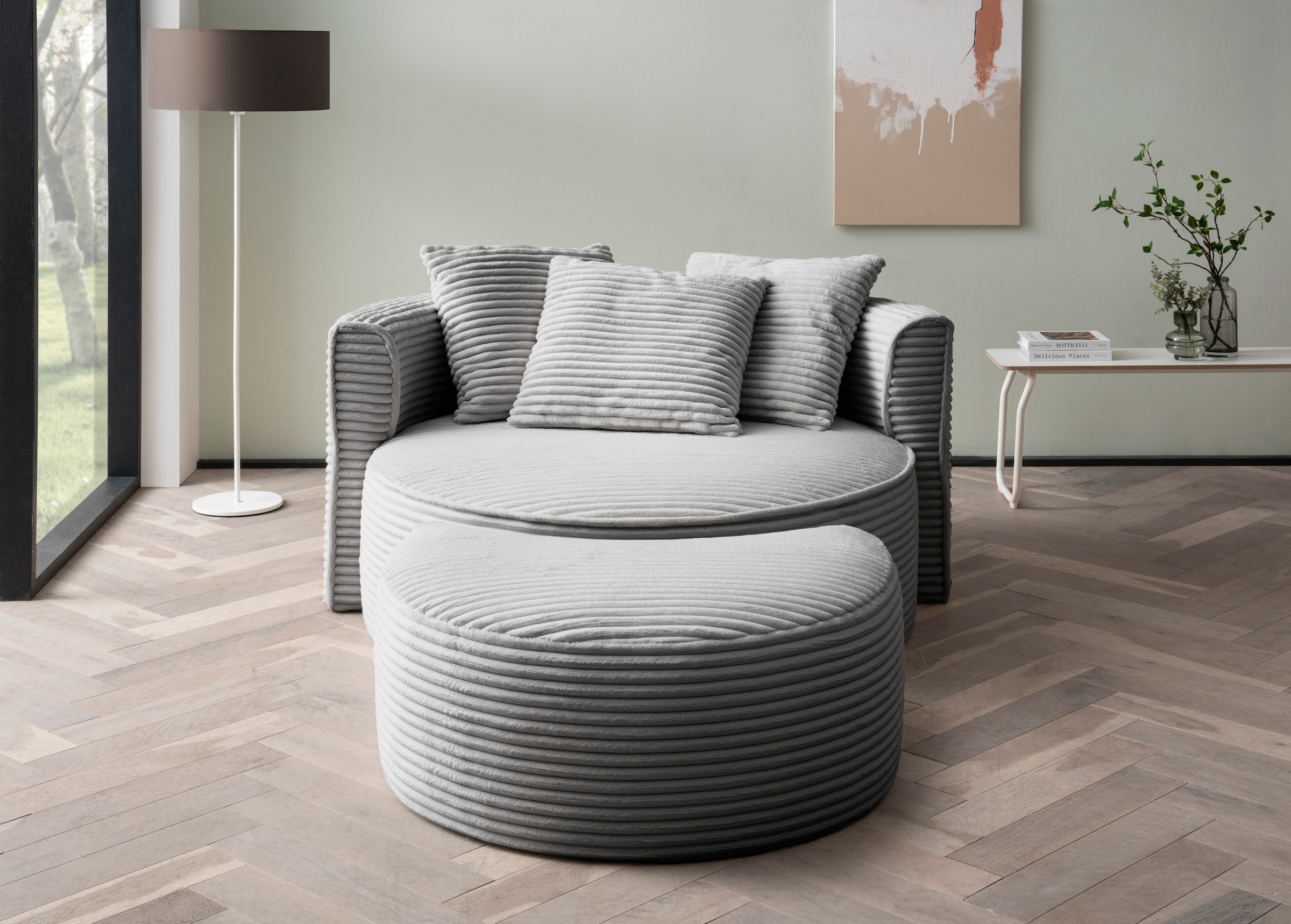 LeGer Home by Lena Gercke XXL-Sessel »ISALIE, Rundsessel mit Hocker, Lesesessel, Loveseat, Big-Sessel«, (Set), trendige Stoffe, 3 Zierkissen, große Sitzfläche, Cord, Samt, Bouclé