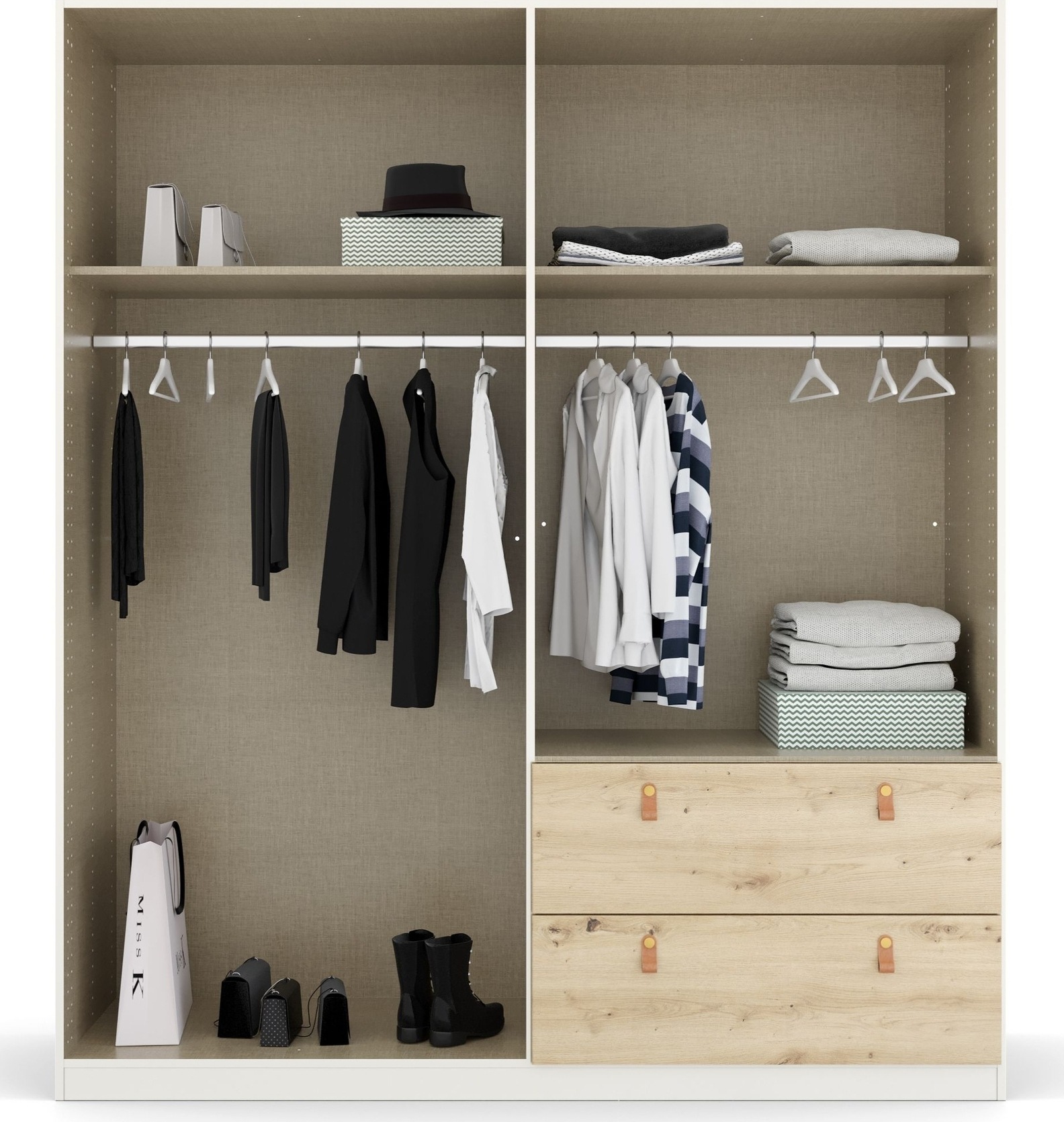 rauch Drehtürenschrank »Homey by Quadra Spin« mit cognacbraunen Ledergrifflaschen, Schubladen in Eichen-Dekor