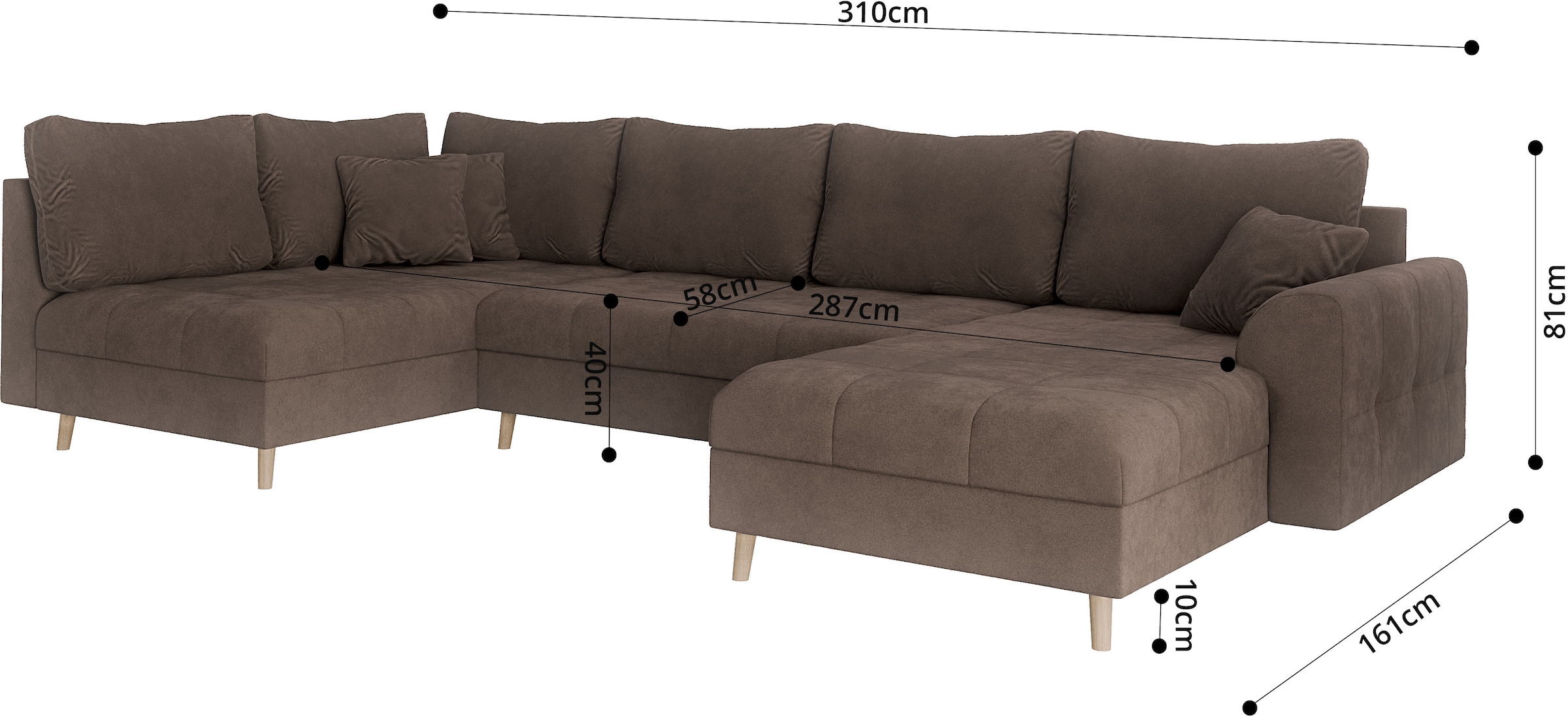 Home affaire Wohnlandschaft »CHARRE U-Form mit Ottomane, Maße B/T/H: 310/161/81 cm« feine Steppung, lose Rücken- und Zierkissen, auch in Cord und Bouclé