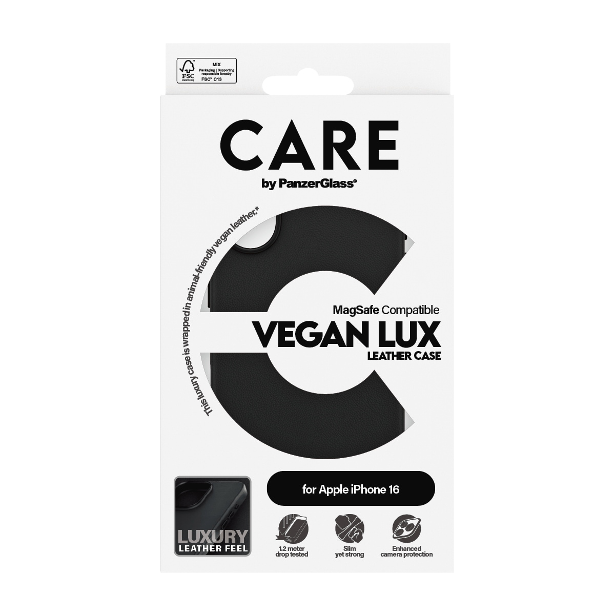 CARE by PanzerGlass Handyhülle »MagSafe Compatible Vegan Lux Leather Case für iPhone 16«, iPhone 16, Backcover, Schutzhülle, Handyschutzhülle, Case, Schutzcase, stoßfest
