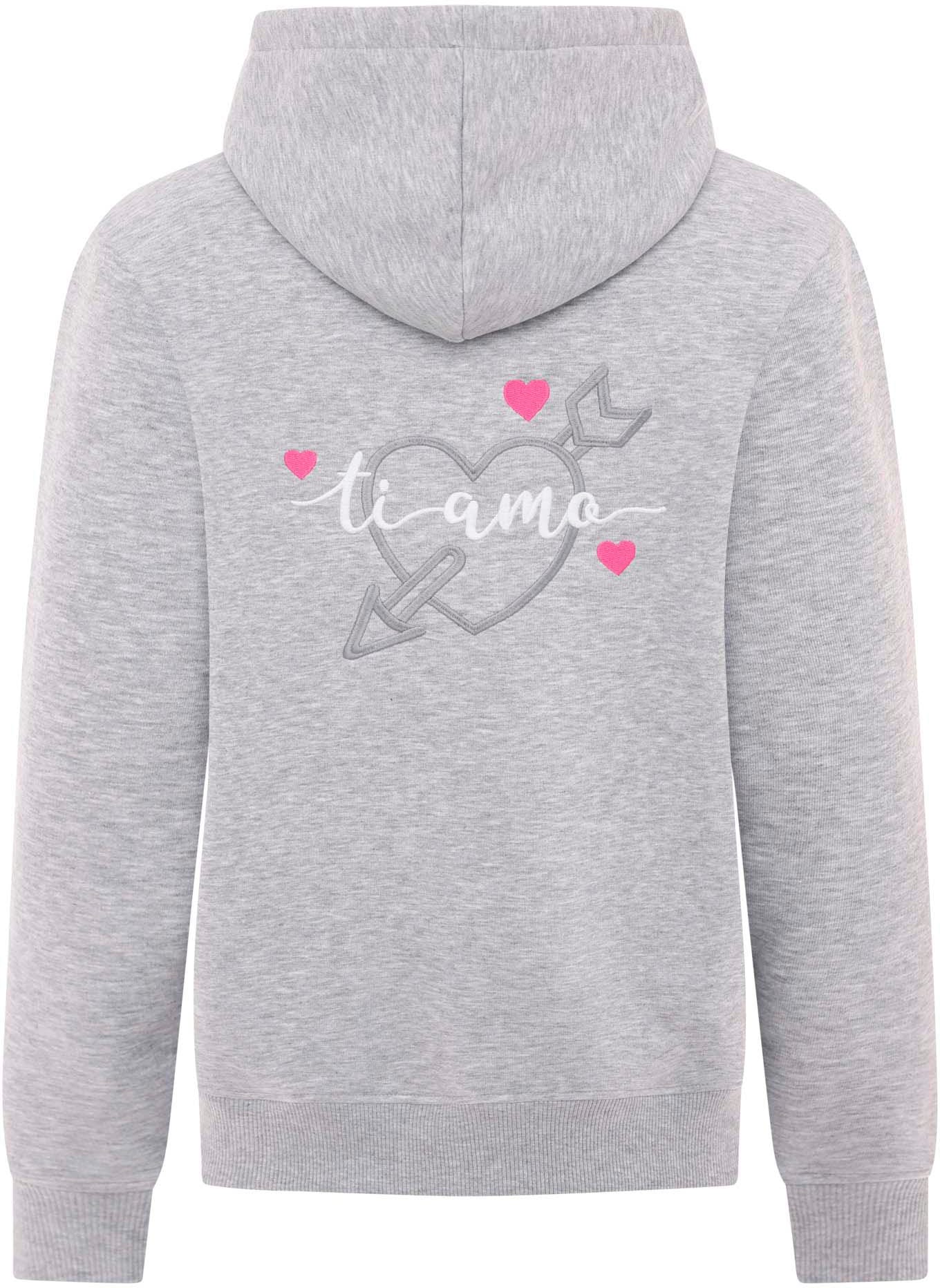 Zwillingsherz Kapuzensweatshirt, mit "Amore"-Schriftzug und Herzchen am Rücken