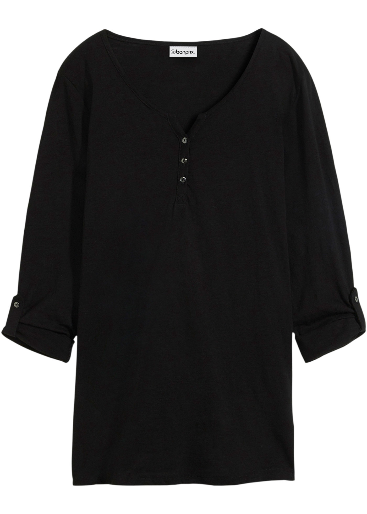 bonprix Langarmshirt gerade Passform, Krempelärmel, Henley-Ausschnitt
