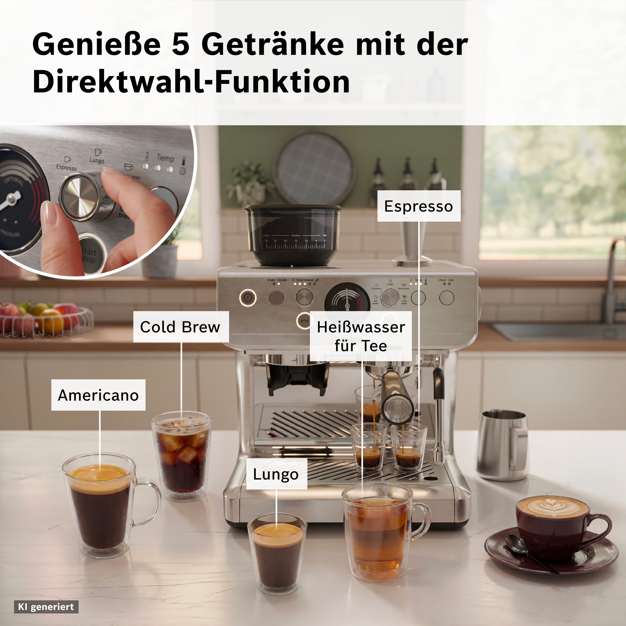 BOSCH Espressomaschine »Bosch halbautomatische Siebträgermaschine HomeCafé Serie 4« Integriertes Mahlwerk, 58mm-Siebträger, 30 Mahlgrade, 5 Direktwahl
