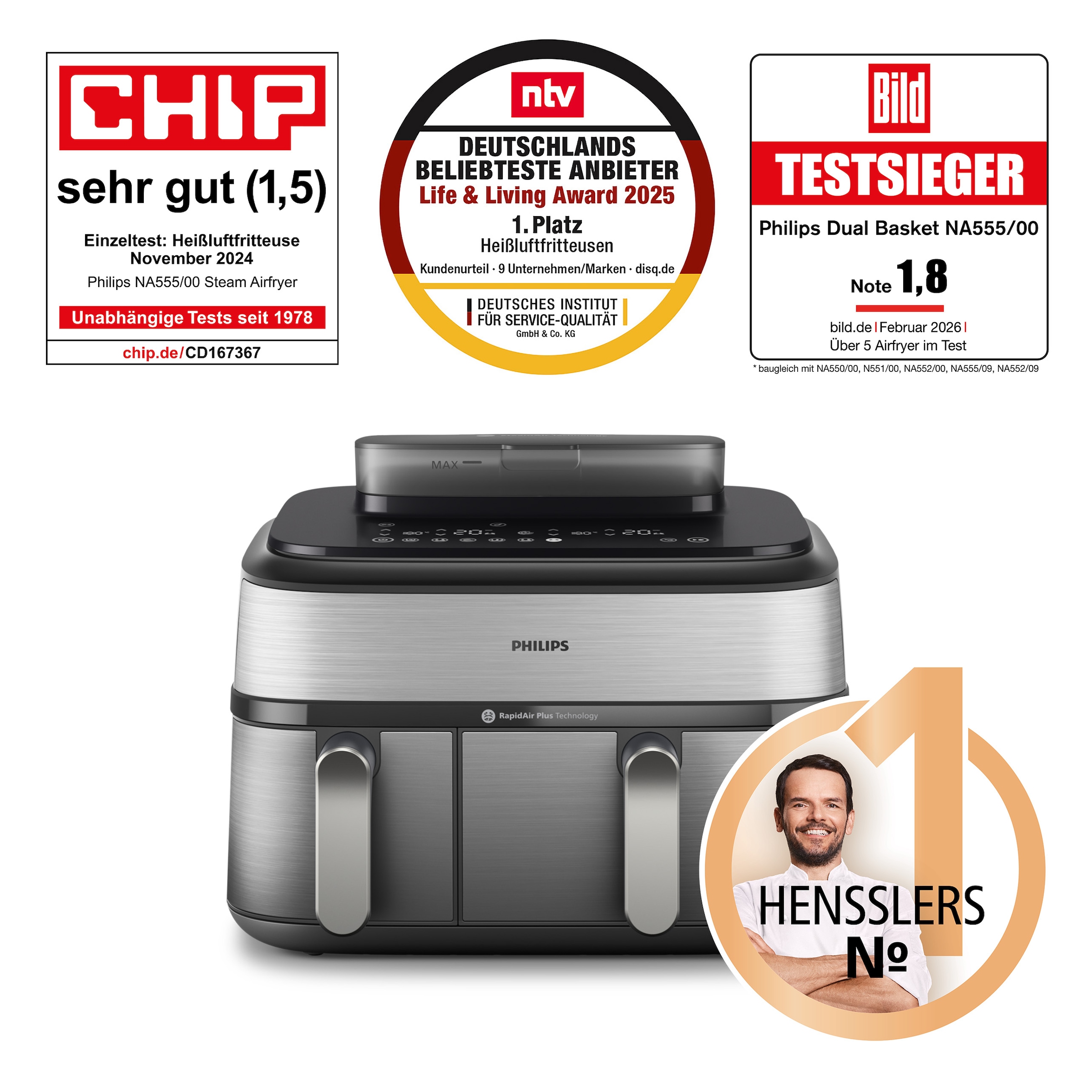 Philips Heißluftfritteuse »NA555/00 Steam Airfryer 5000 Series Dual Basket, 9L Kapazität (3L+6L)« 2750 W mit Dampfgar-Funktion; Silber/Edelstahl