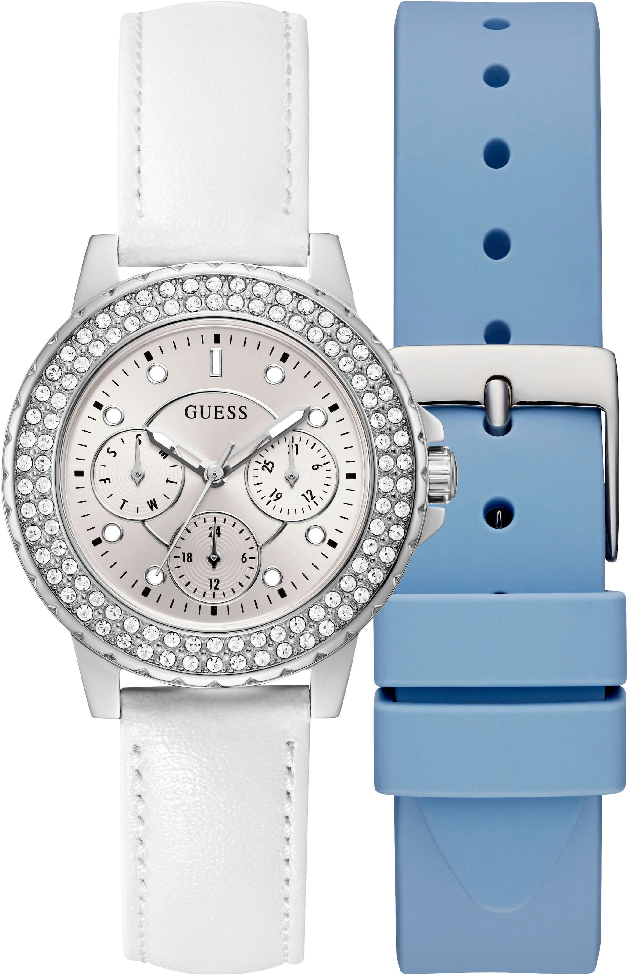 Guess Multifunktionsuhr »CROWN JEWEL«, (Set, 2 tlg., mit hellblauem Silikonwechselband),...