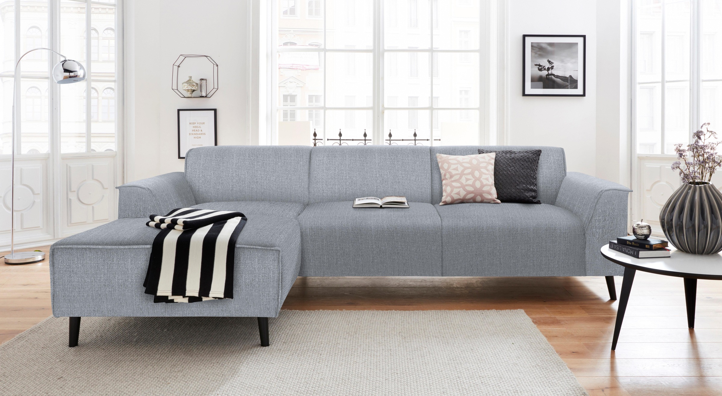 DOMO collection Ecksofa »Amora, inklusive komfortablem Federkern für mehr Sitzkomfort, L-Form«, mit Recamiere, zeitlos und elegant, Komfortsitzhöhe 47cm