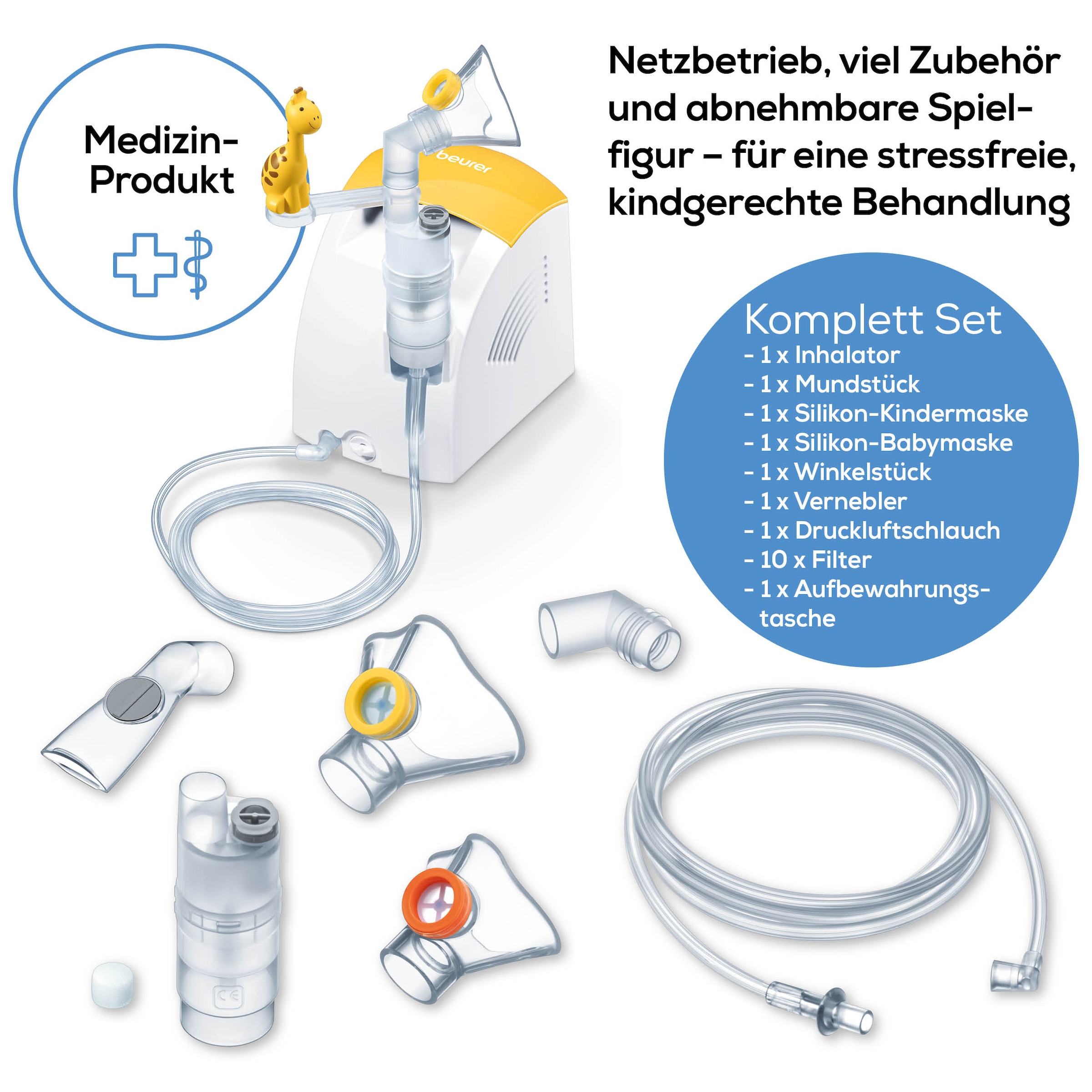 BEURER Inhalationsgerät »IH 26 Kinder Inhalator, Behandlung der oberen und unteren Atemwege«, (Set, 12 tlg.), Kinderfreundliches Design, zur Anwendung bei Erkältung, Asthma, etc.