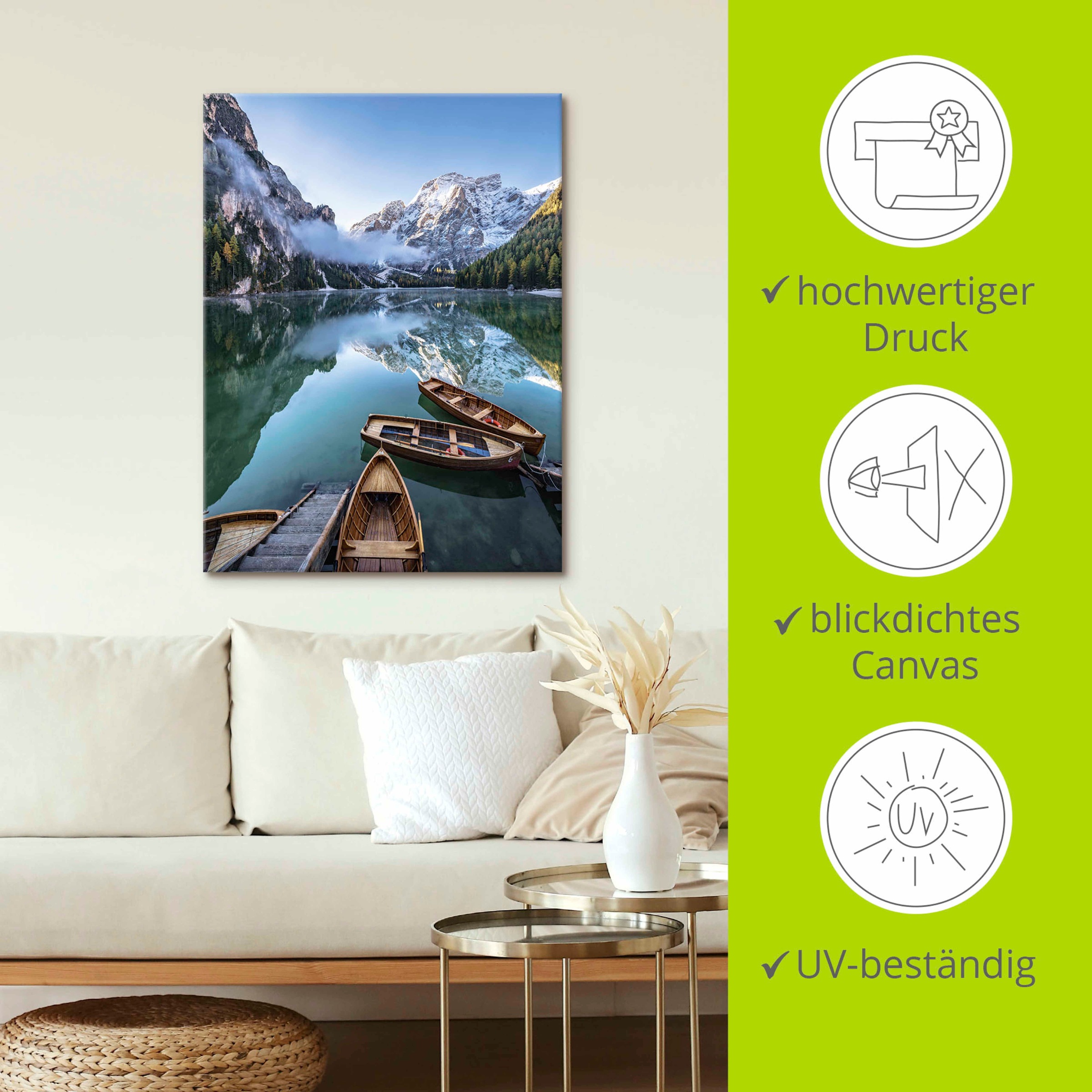Artland Wandbild »Pragser Wildsee in Südtirol«, Bilder von Booten & Schiffen, (1 St.), als Alubild, Outdoorbild, Leinwandbild in verschied. Größen