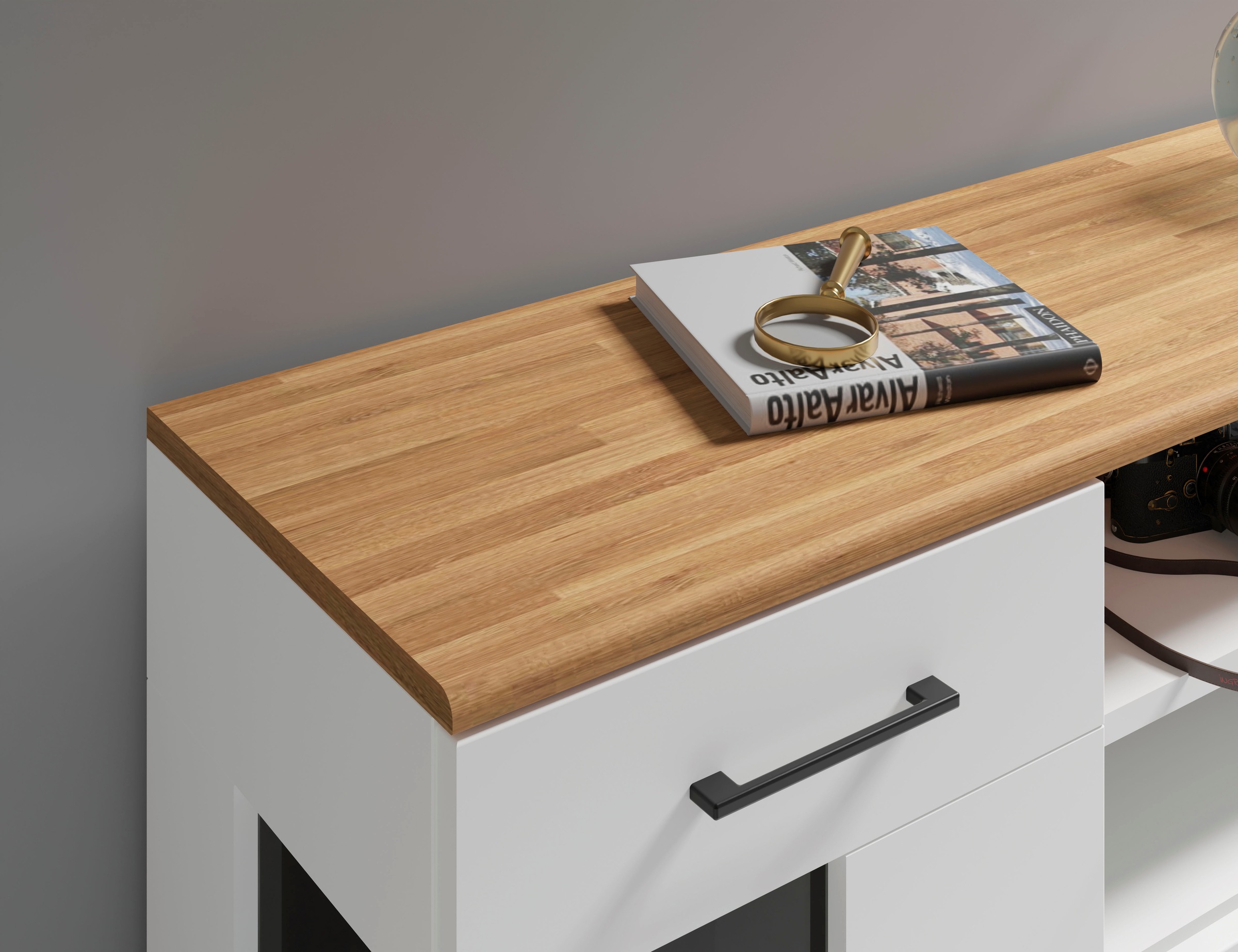 Home affaire Lowboard »Ribe,160cm breit,55cm hoch,Oberplatte massiv«, Oberplatte Massivholz,schwarze Metall Griffe,2 Türen mit Glaseinsatz