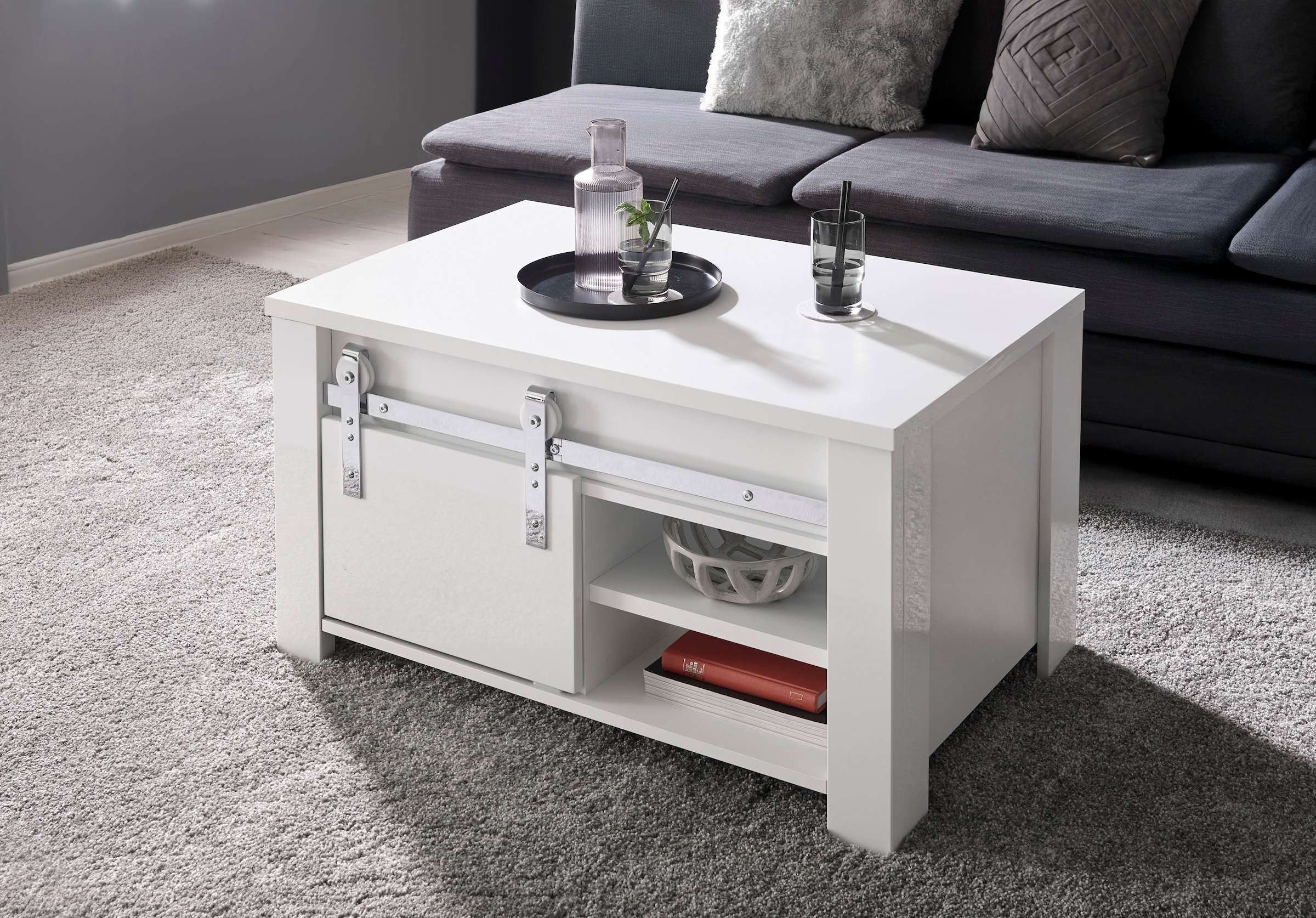 Home affaire Couchtisch »Daytona, Beistelltisch, Wohnzimmertisch, Sofatisch, Tisch« mit Schiebetürenbeschlag in Chrom-Optik, mit Fächern und Ablageböden