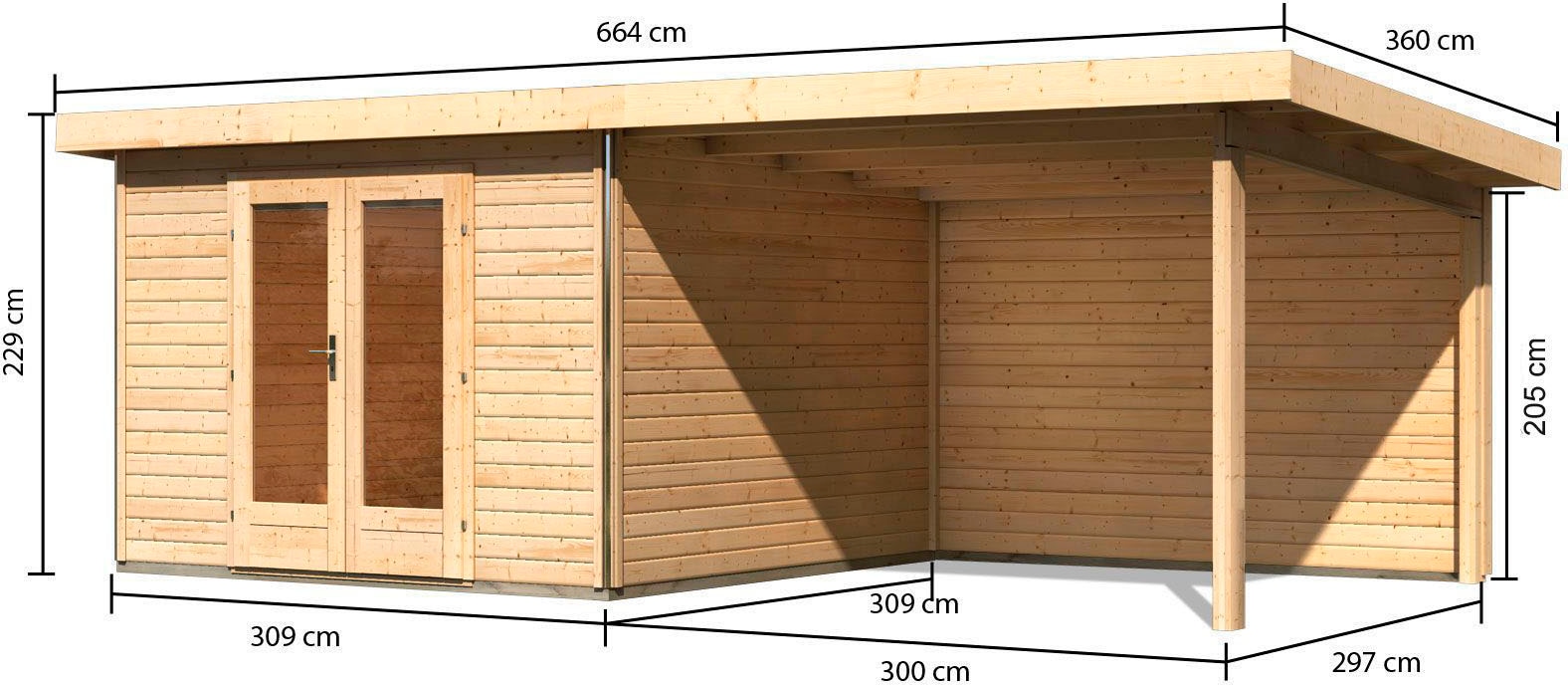 KONIFERA Gartenhaus »Rabensee 1«, mit Anbaudach 3,30 m, Rückwand, naturbelassen