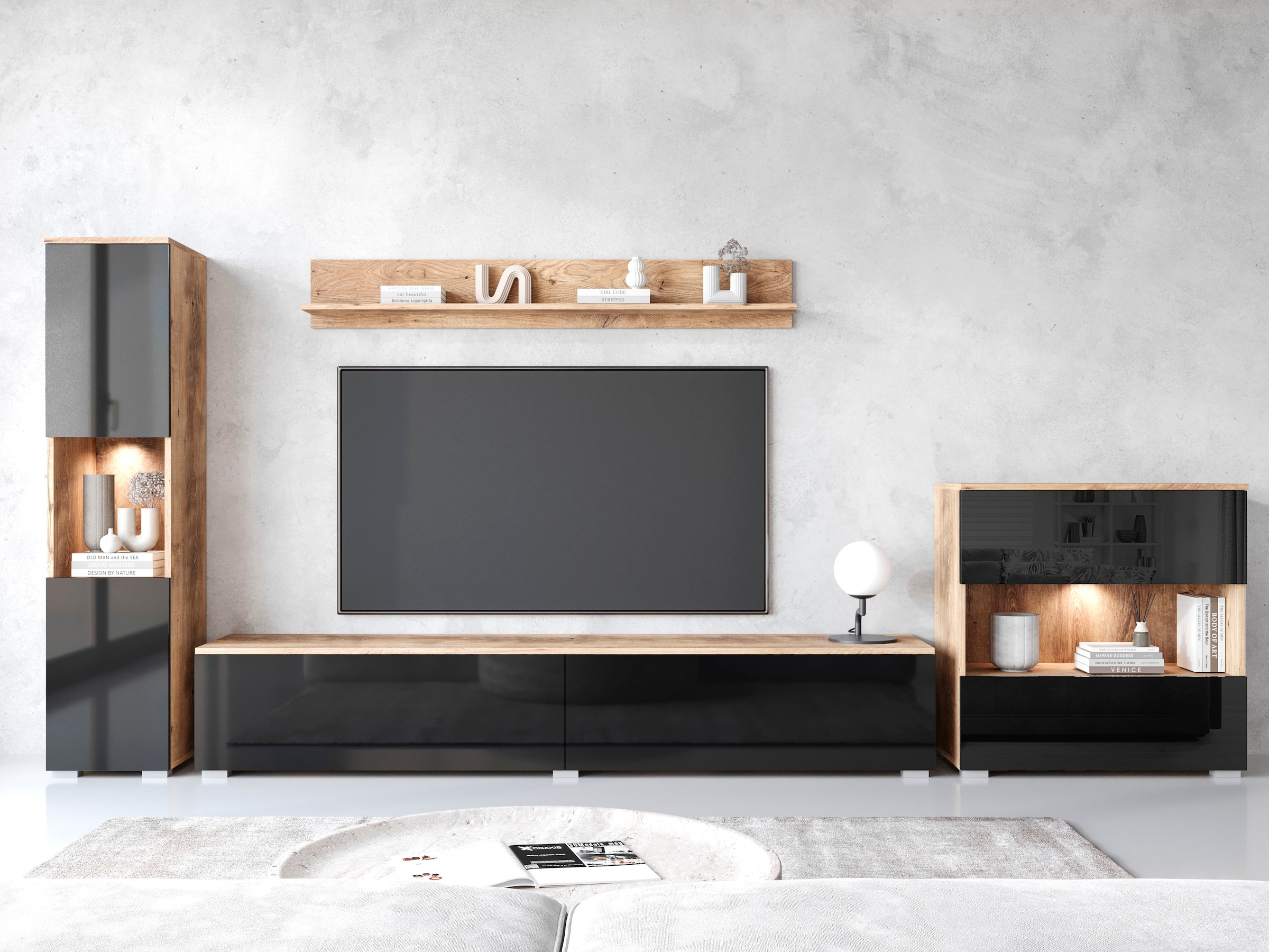 INOSIGN Wohnwand »PARIS, Vitrine Türanschlag links/rechts wechselbar«, (Komplett-Set, 4 St.), grifflose Design, stehend und hängend montierbar
