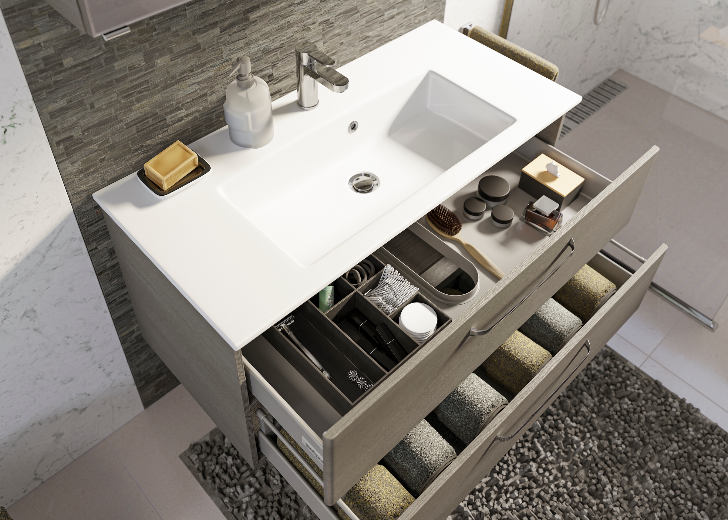 Saphir Badmöbel-Set »Trentino 2-tlg Mineralmarmor-Waschtisch, Spiegelschrank mit LED-Profil«, (3 St.), Badmöbel-Set 107cm breit, inkl. Türdämpfer, 3 Türen, 2 Auszügen