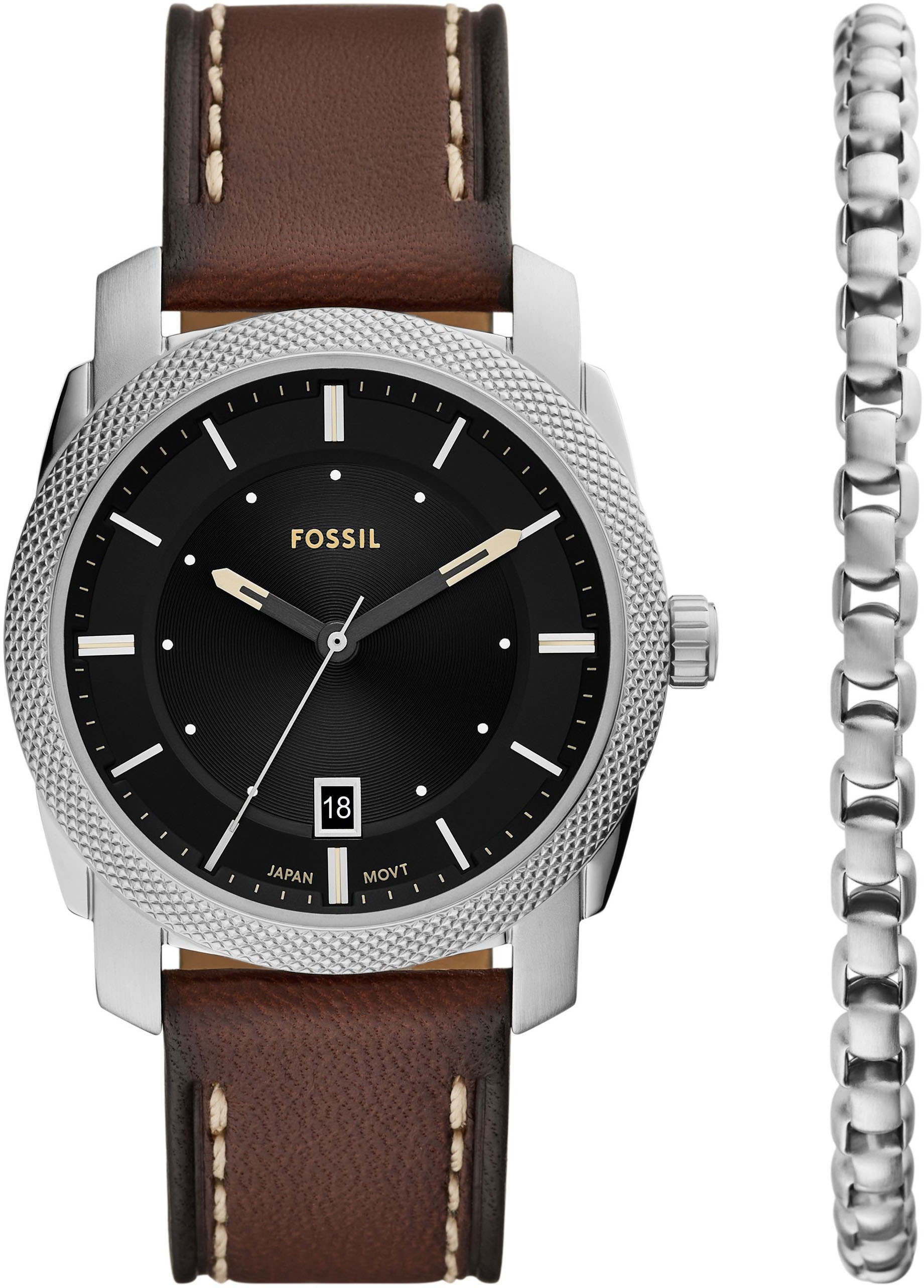Fossil Quarzuhr »MACHINE«, (Set, 2 tlg., mit Armband), Armbanduhr, Herrenuhr, Lederarmband, Ideal auch als Geschenk, analog