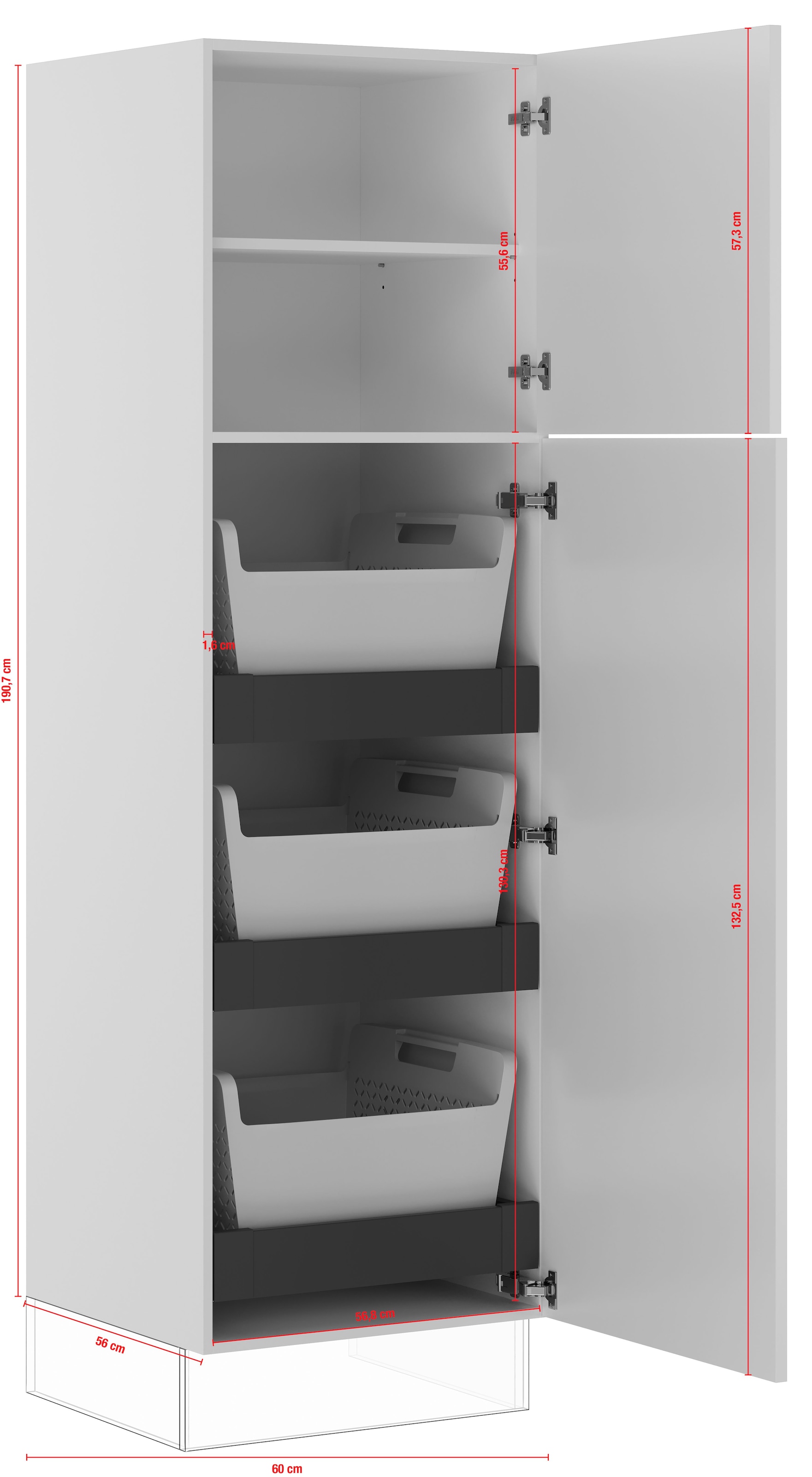 IMPULS KÜCHEN Wäscheschrank »"Valencia", Breite/Höhe: 60/190,7 cm, mit Wäschekörben, mit Drehtüren«, vormontiert, mit Innenschubkästen, mit verstellbarem Fachboden