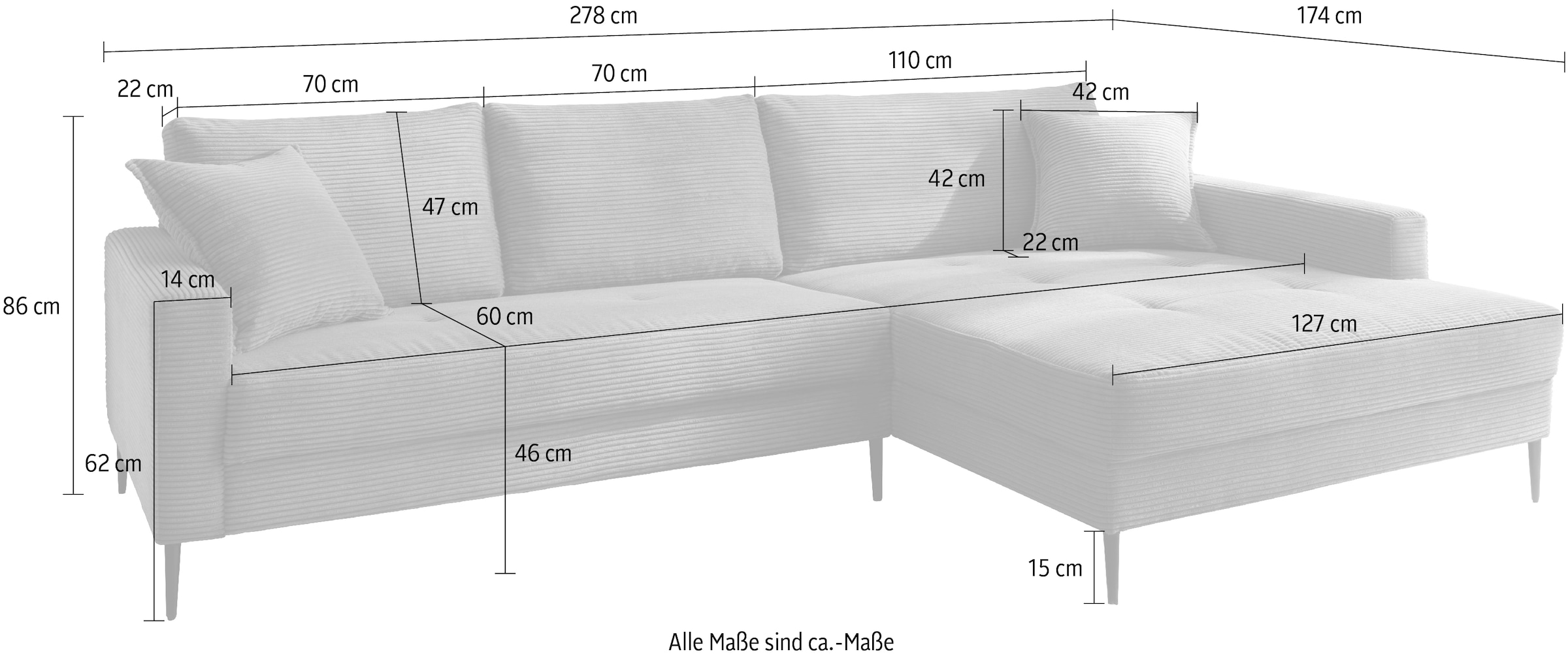 Trends by HG Ecksofa »Summer L-Form«, in Cord-Stoff mit Metallfuß