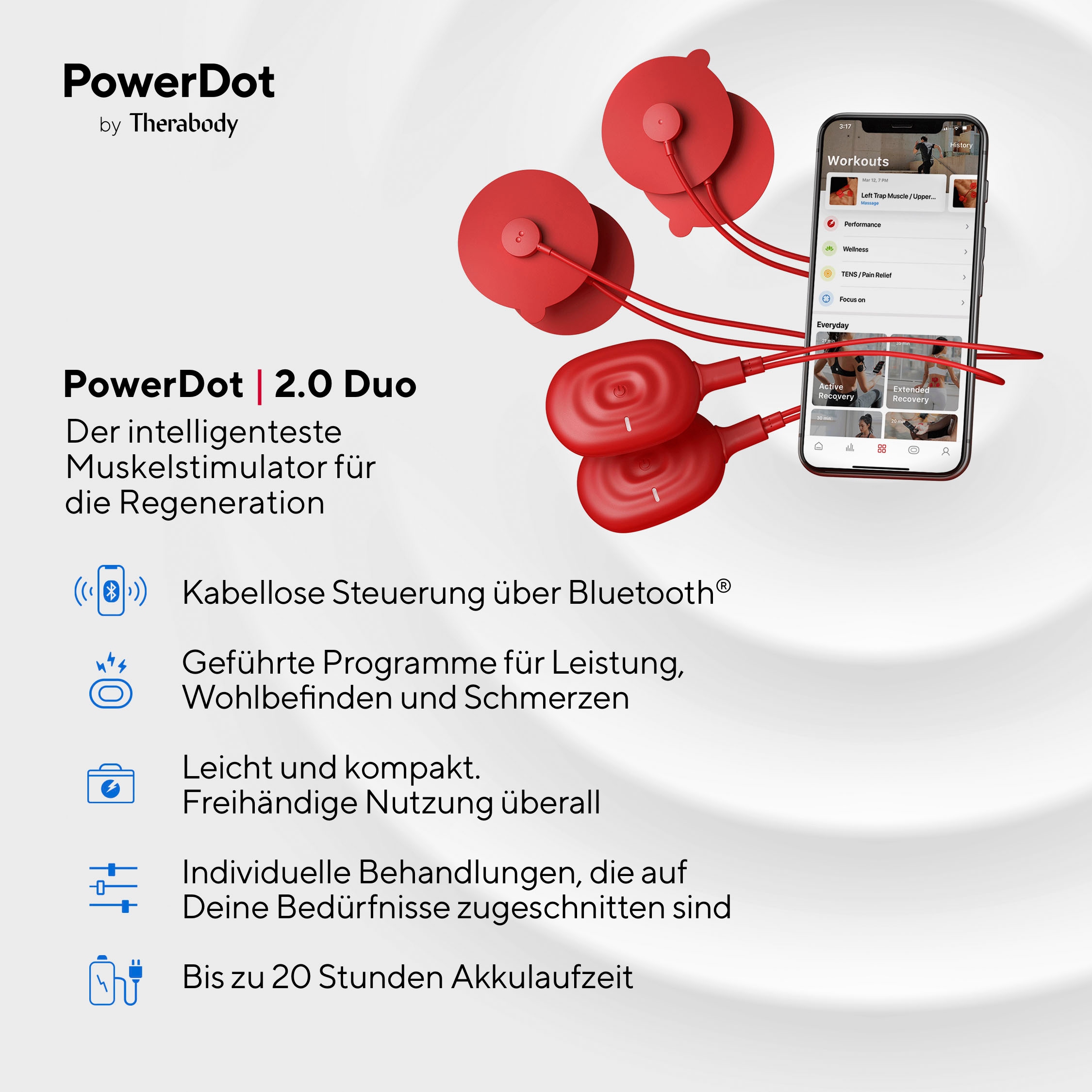 Therabody TENS-EMS-Gerät »PowerDot DUO RED 2.0 Muskelstimulator«, zur Schmerzlinderung, App-Steuerung, Beschleunigt Muskelerholung