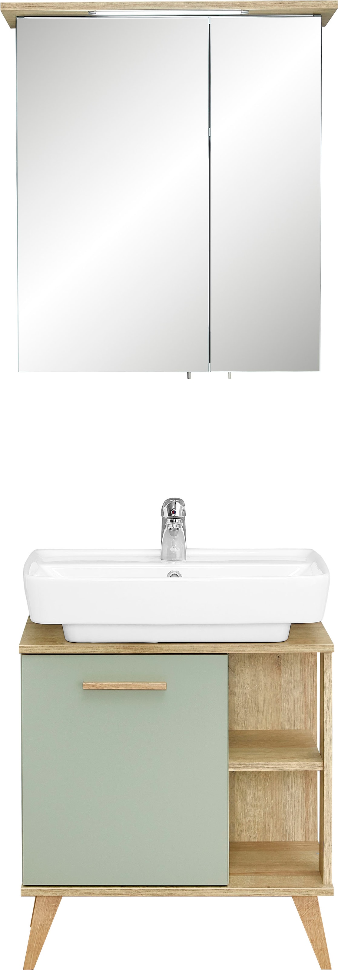 Saphir Badmöbel-Set »Quickset 2-teilig, Waschbeckenunterschrank mit LED-Spiegelschrank«, (2 St.), Waschplatz inkl Türdämpfer, 3 Türen, 2 Einlegeböden, setiliche Ablagen