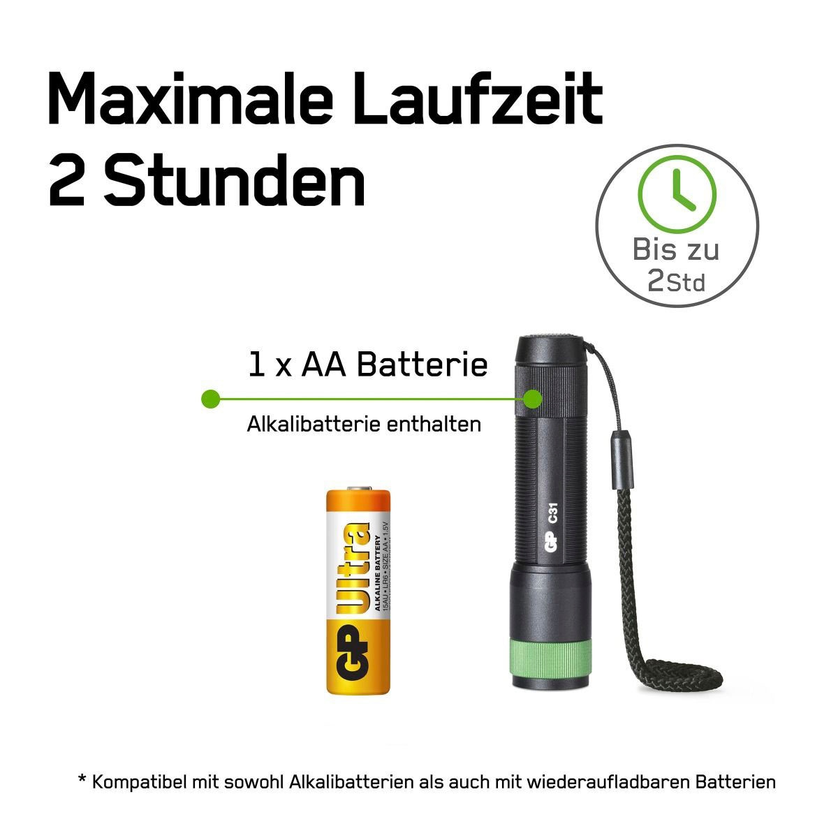 GP Batteries Taschenlampe »GP Discovery C31, CRE LED GP«, 85 Lumen, inkl. 1x AA Batterie, Metallgehäuse, IPX4, Leuchtzeit 2h