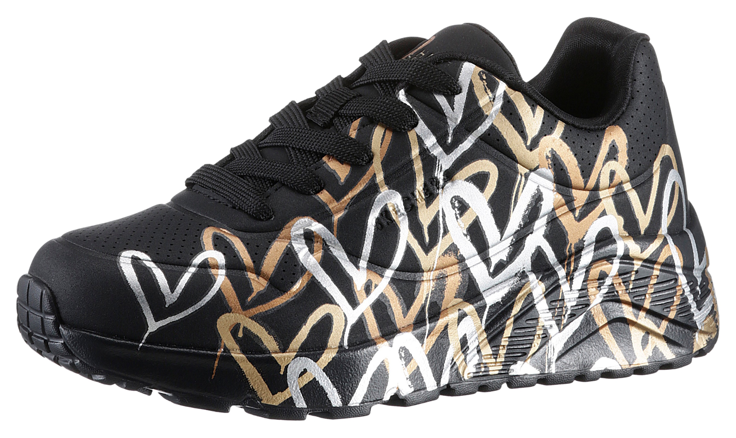 Skechers Plateausneaker »Skechers x JGoldcrown: Uno Lite - Metallic Love«  , Schnürschuh, Keilsneaker mit Herzchen im Metallic Look bedruckt