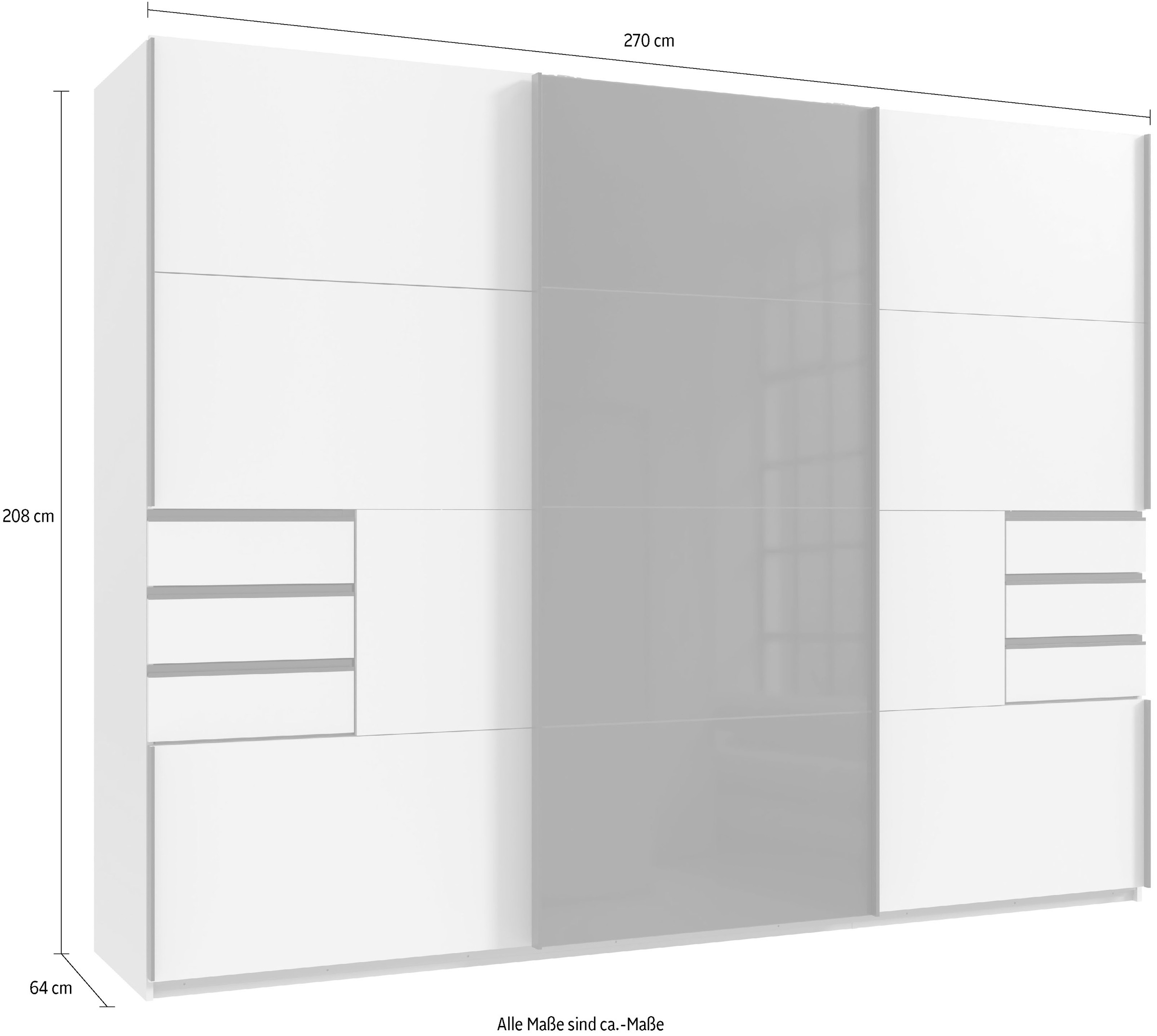 Wimex Schwebetürenschrank »Leonberg, Kleiderschrank mit 6 Schubladen«, mit graphitfb.Glasfront, 270cm breit, 208cm hoch