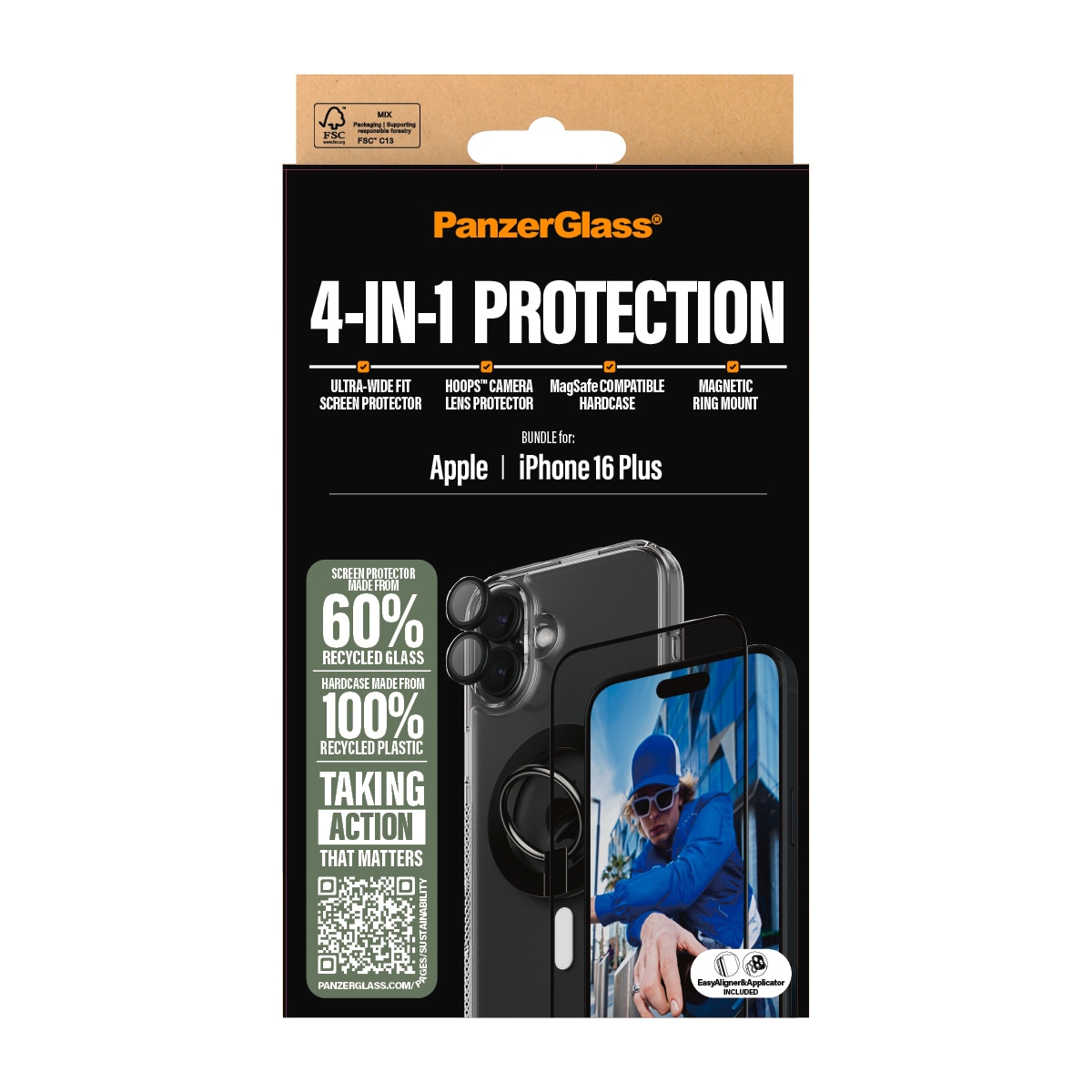 PanzerGlass Displayschutzglas »4-in-1 Protection, Glass, Hoops, Case, Ring Mount« für Apple iPhone 16 Plus Displayschutzfolie, Schutzfolie, Bildschirmschutz, kratz- & stoßfest