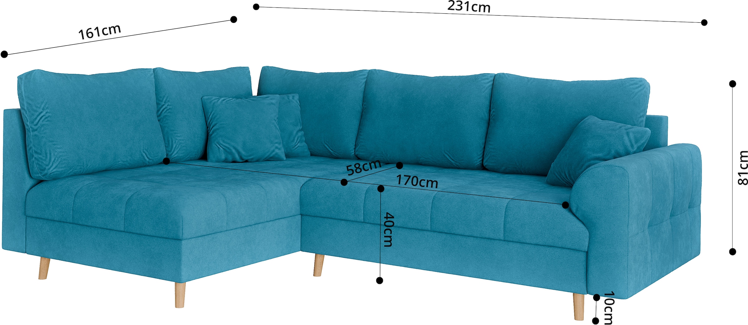 Home affaire Ecksofa »CHARRE L-Form mit Ottomane, Maße B/T/H: 231/161/81 cm«, feine Steppung, lose Rücken- und Zierkissen, auch in Cord und Bouclé