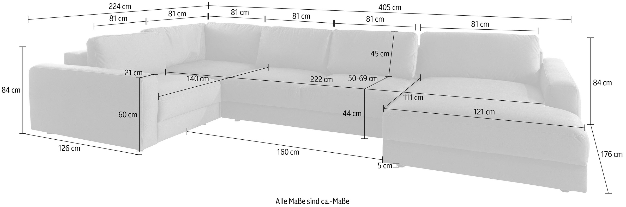 Places of Style Wohnlandschaft »Bloomfield, Mega Polsterprogramm, Breite 405cm, viel Platz, U-Form«, mit extra tiefer Sitzfläche, wahlweise mit Sitztiefenverstellung