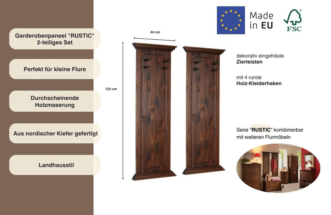 Home affaire Garderobenpaneel »Rustic«, (2 Stück), aus massiver Kiefer, mit dekorativen Fräsungen