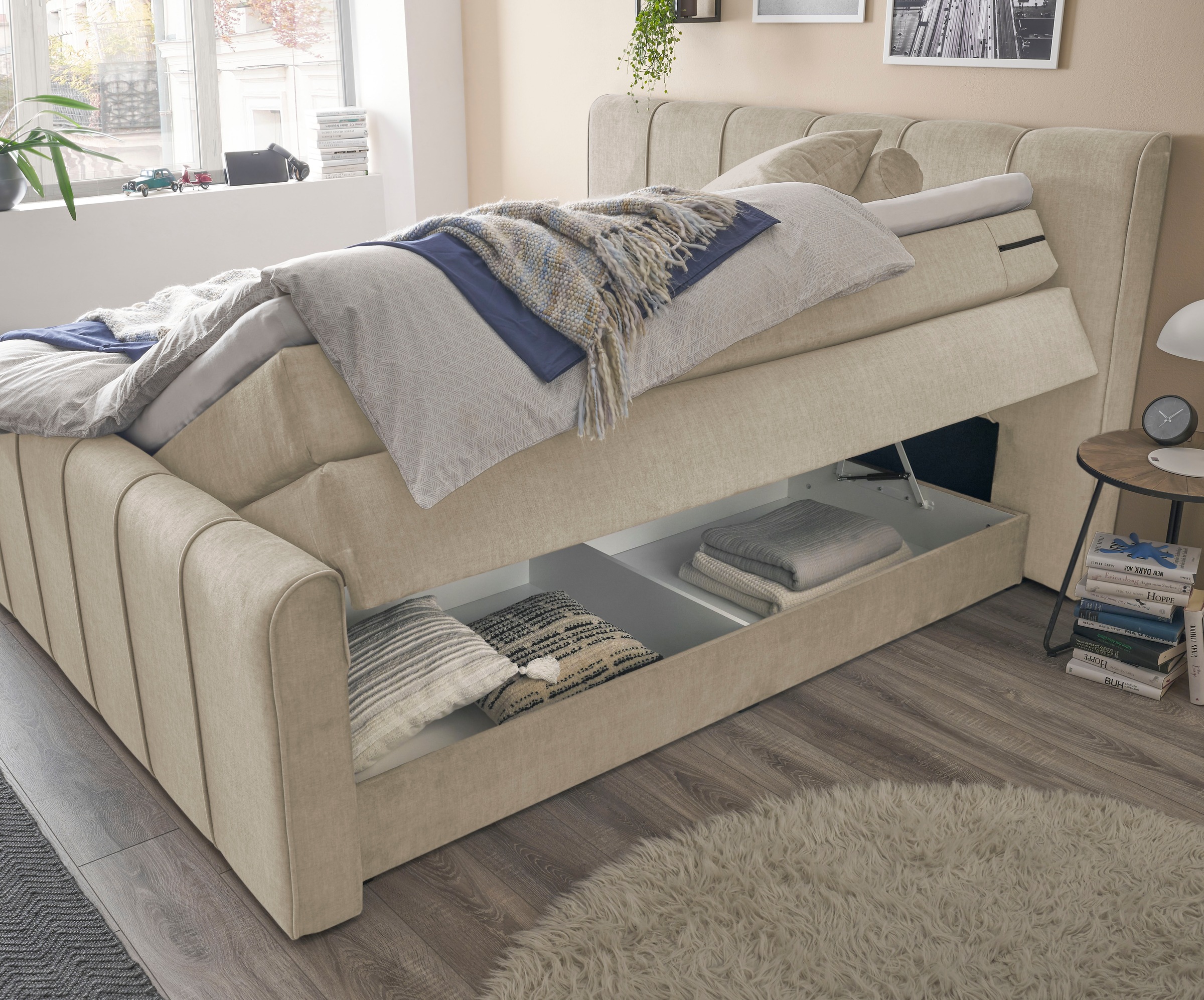 set one by Musterring Boxspringbett »Fairfield«, mit Bettkasten, Kopfteil mit Keder, Breite 160 cm oder 180 cm