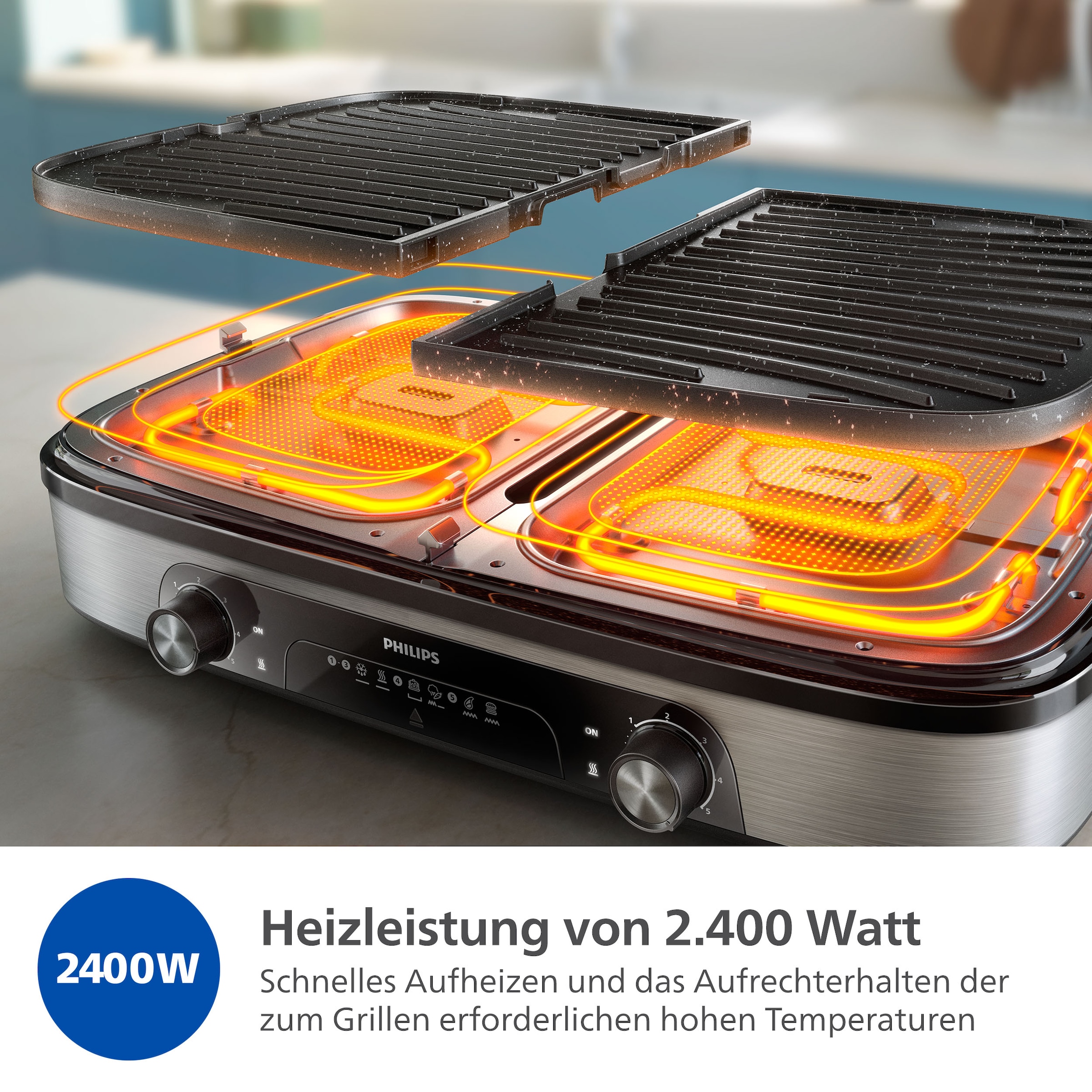 Philips Tischgrill »HD6222/90 5000 Series, 2 Heizzonen, wendbare Platten«, 2400 W, mit einstellbarer Temperatur u. Grillfläche von 1400 cm²