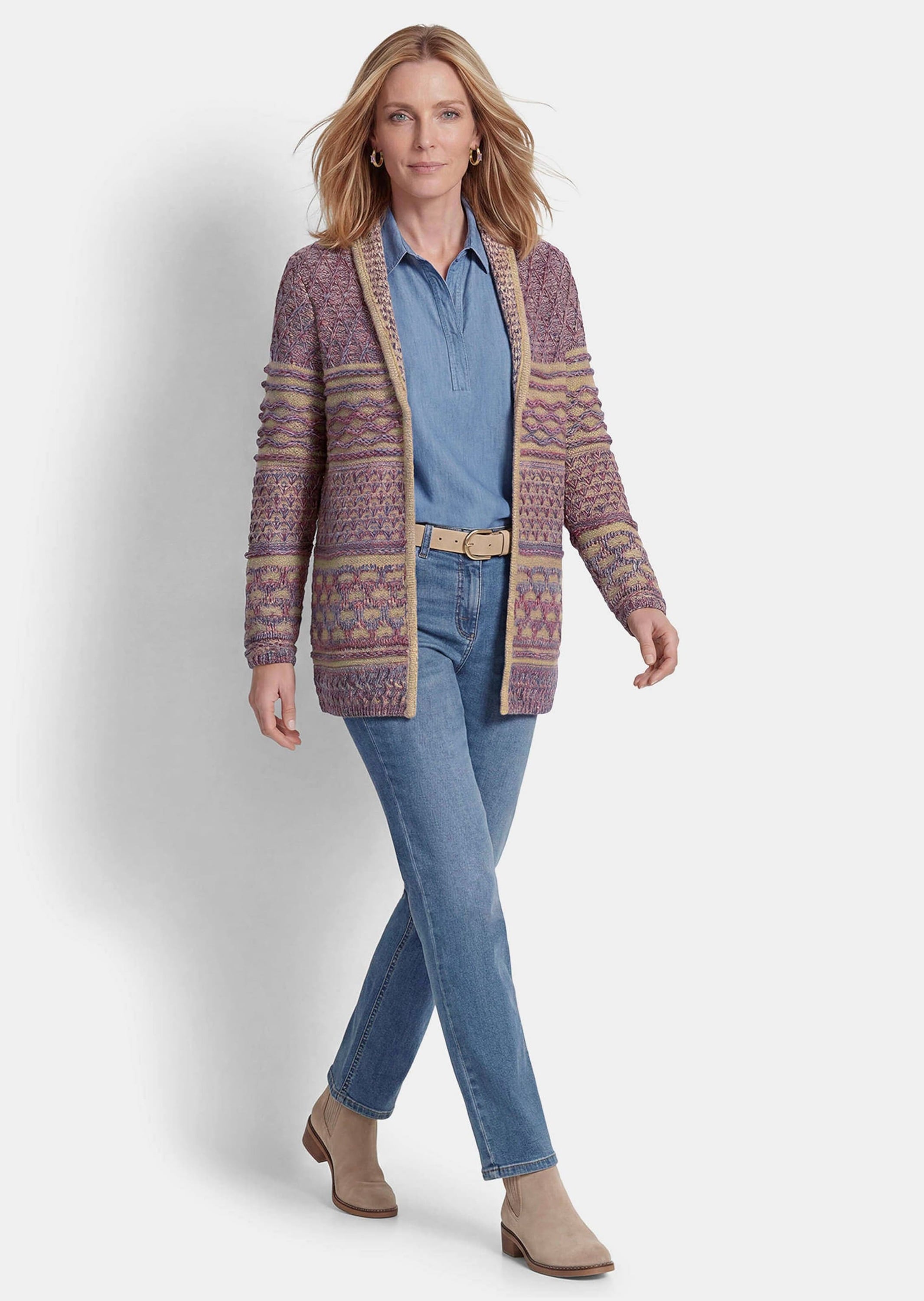 GOLDNER Strickjacke »Jacquardstrickjacke mit Schalkragen« mit Multicolorgarn gestrickt