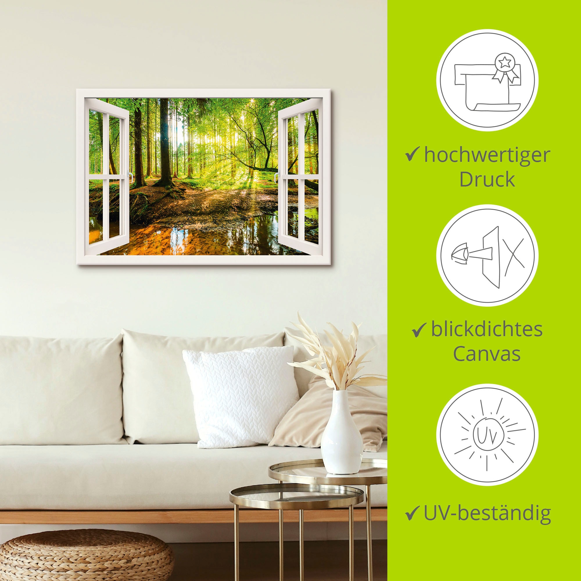 Artland Wandbild »Fensterblick - Wald mit Bach«, Wald, (1 St.), als Leinwandbild, Poster, Wandaufkleber in verschied. Größen