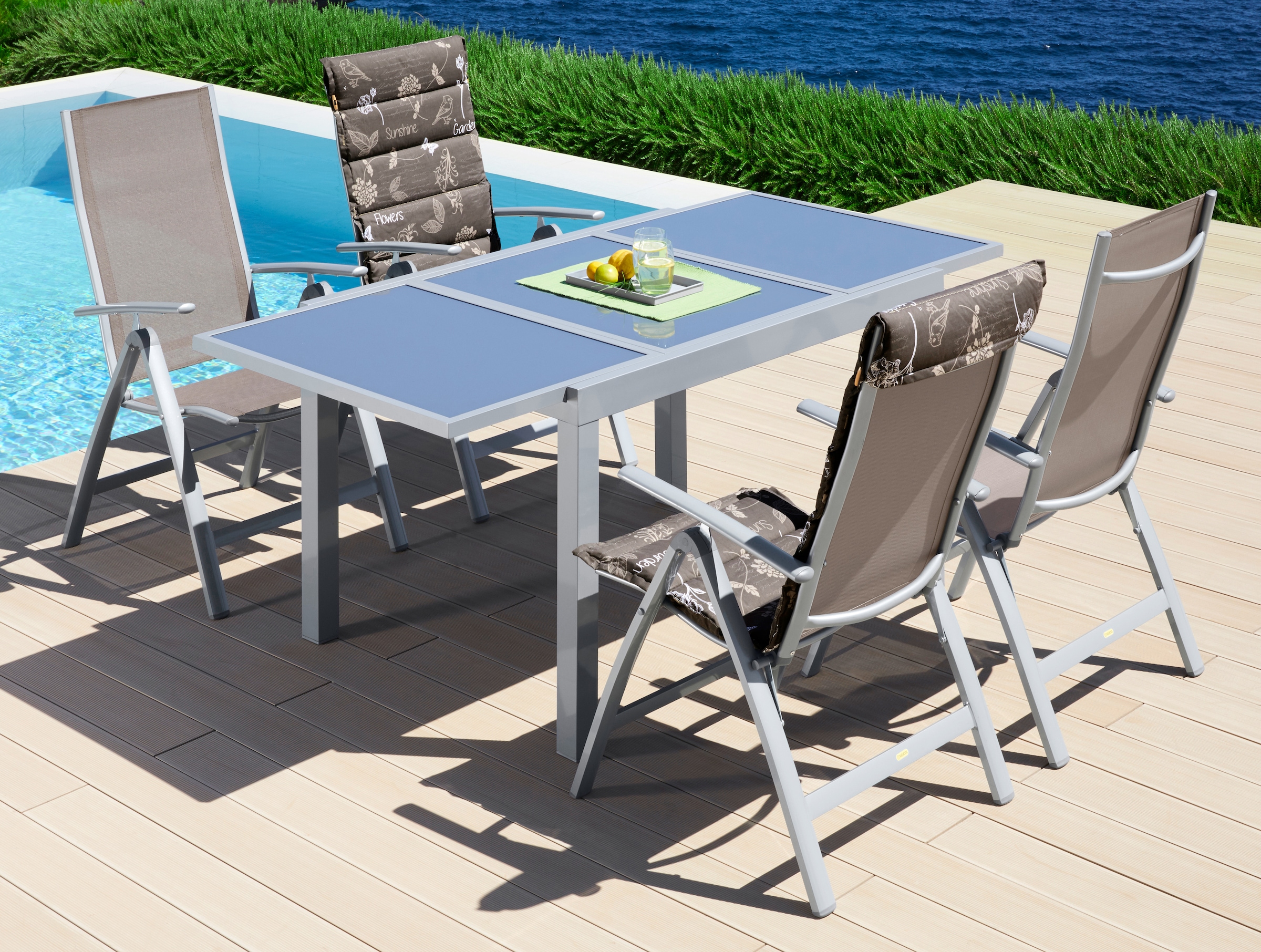 MERXX Garten-Essgruppe »Amalfi«, (5 tlg.), 4 Klappsessel, Tisch ausziehbar 90x120-180 cm, Alu/Textil